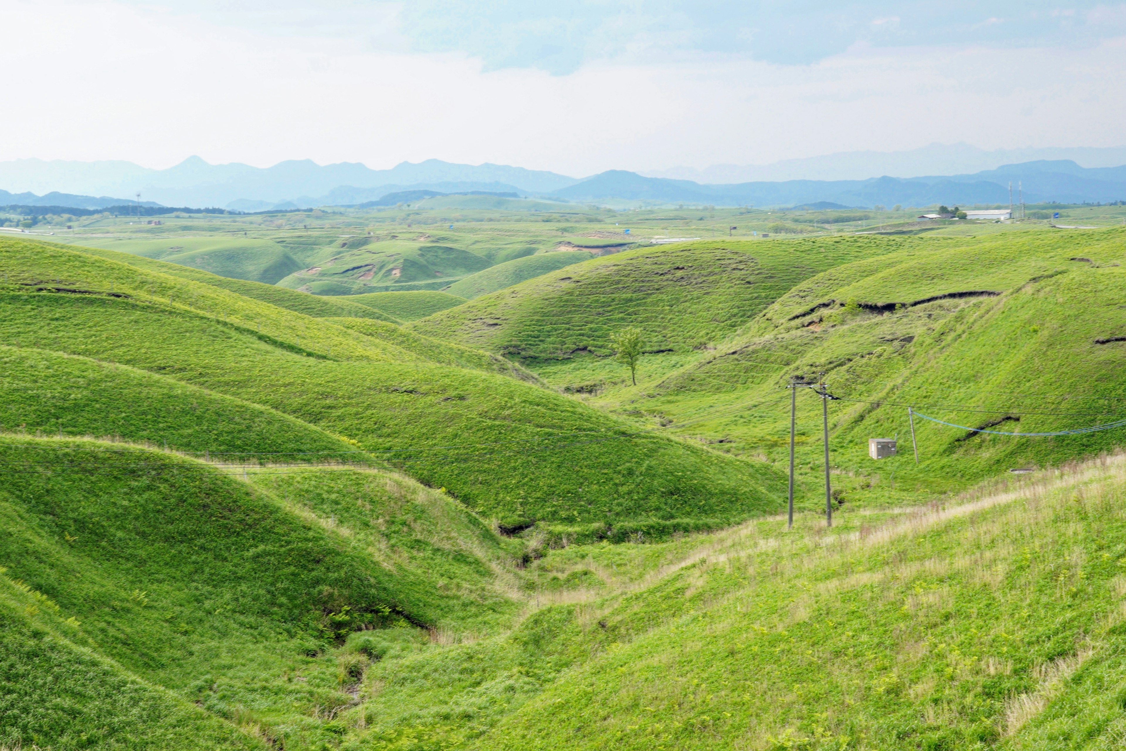 Collines verdoyantes avec des montagnes au loin