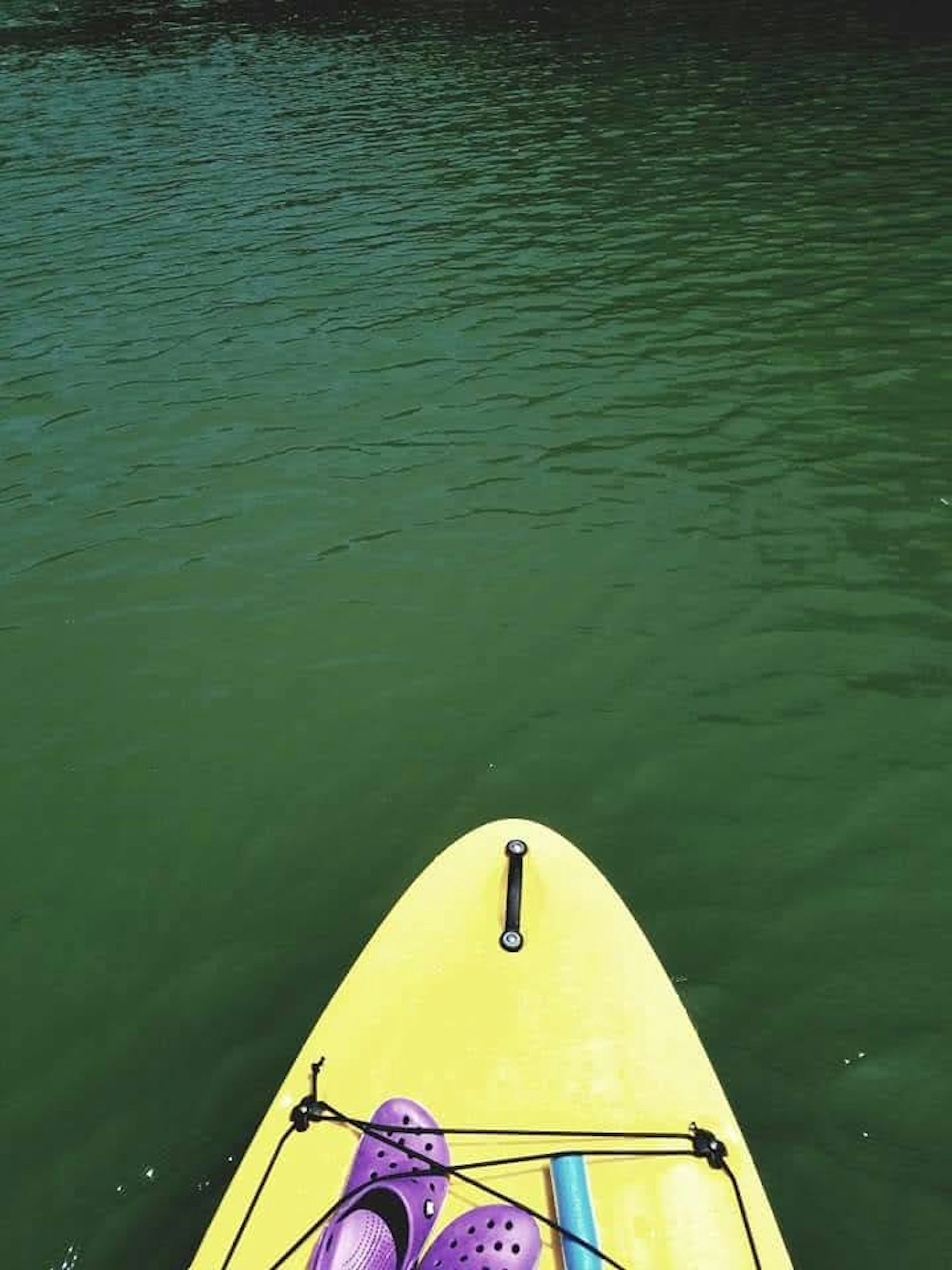 Blick von einem gelben Paddleboard auf grünes Wasser und lila Crocs