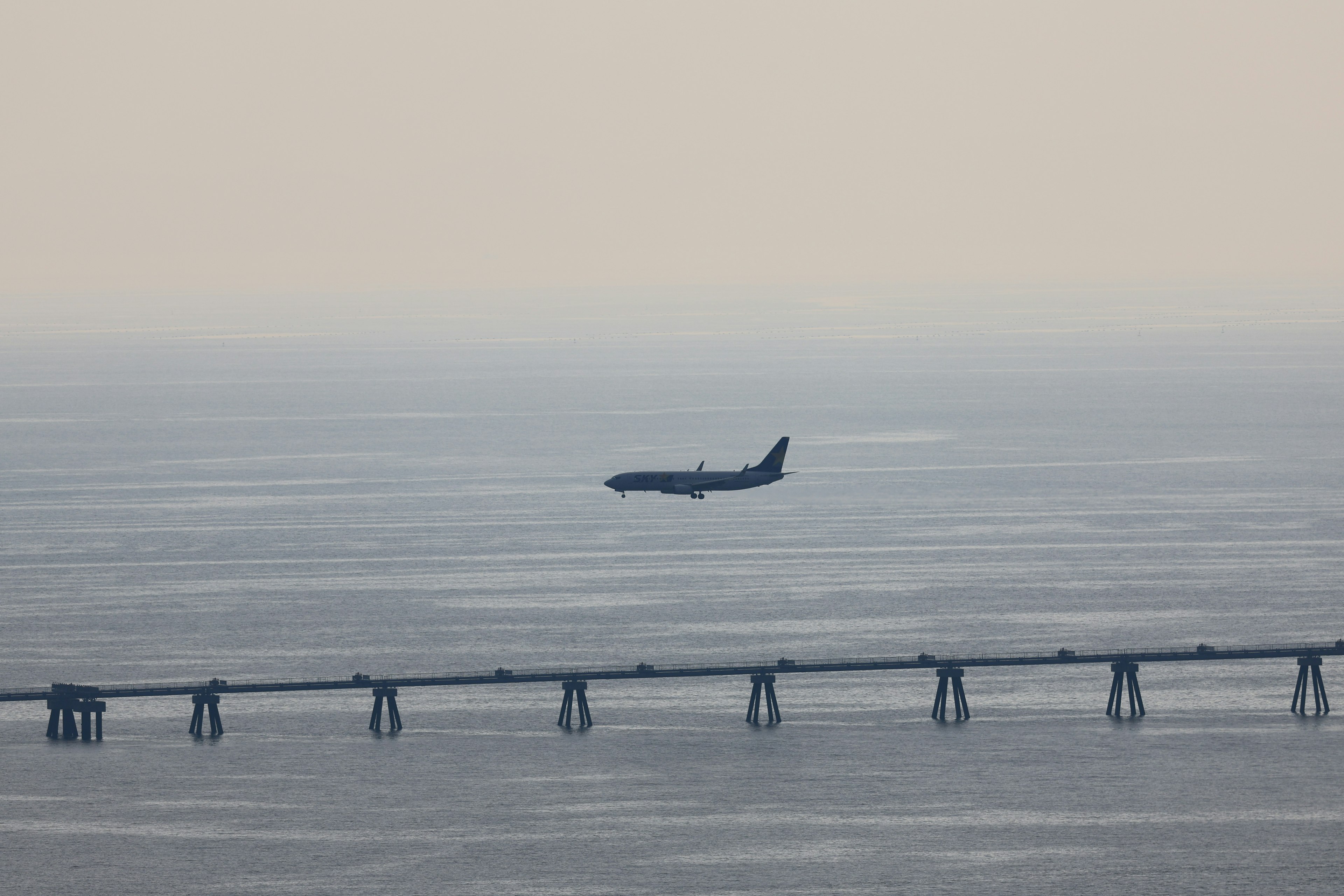 空中を飛行中の航空機とその下にある橋の風景