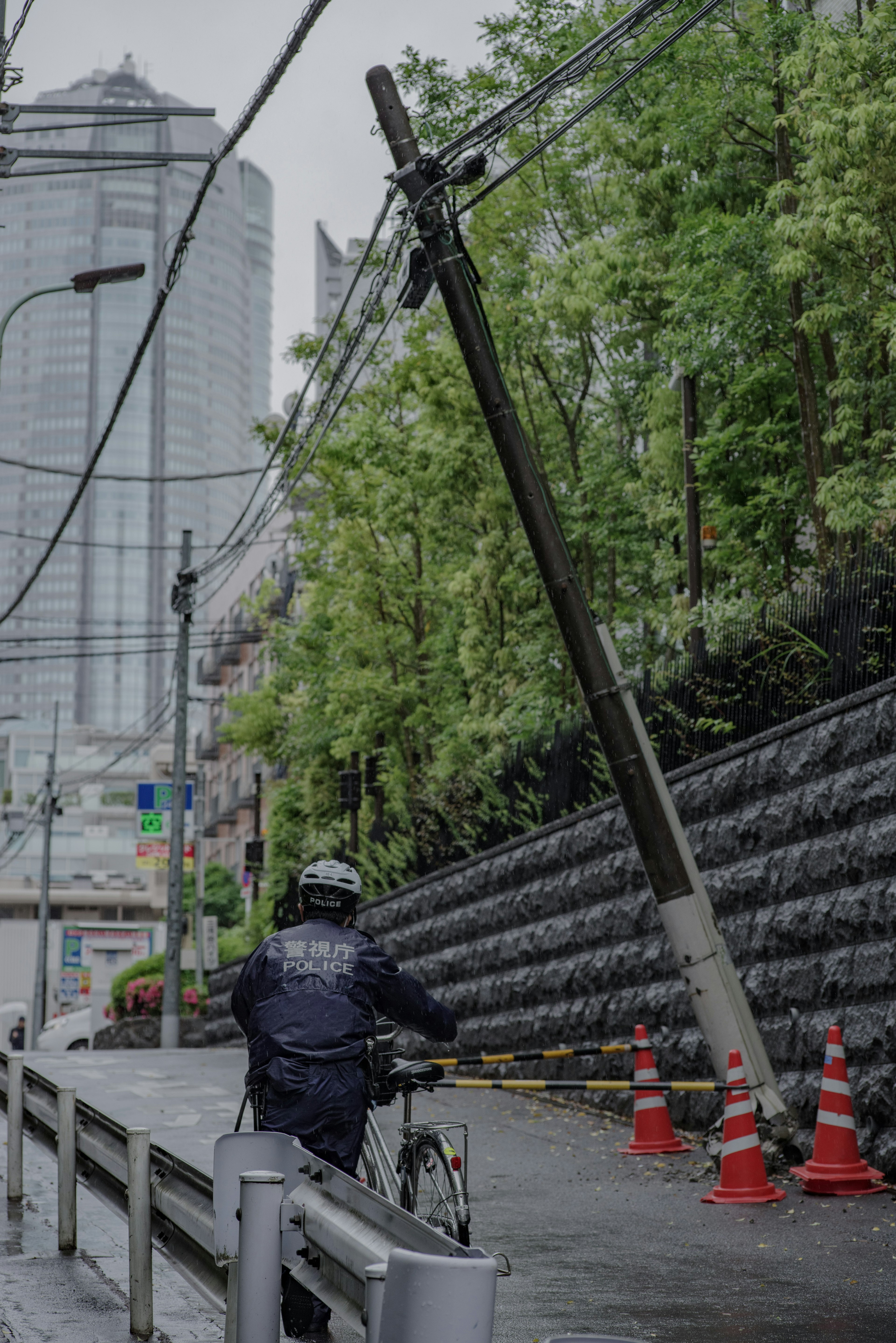 在雨天騎自行車經過傾斜的電線杆和綠色樹木的人