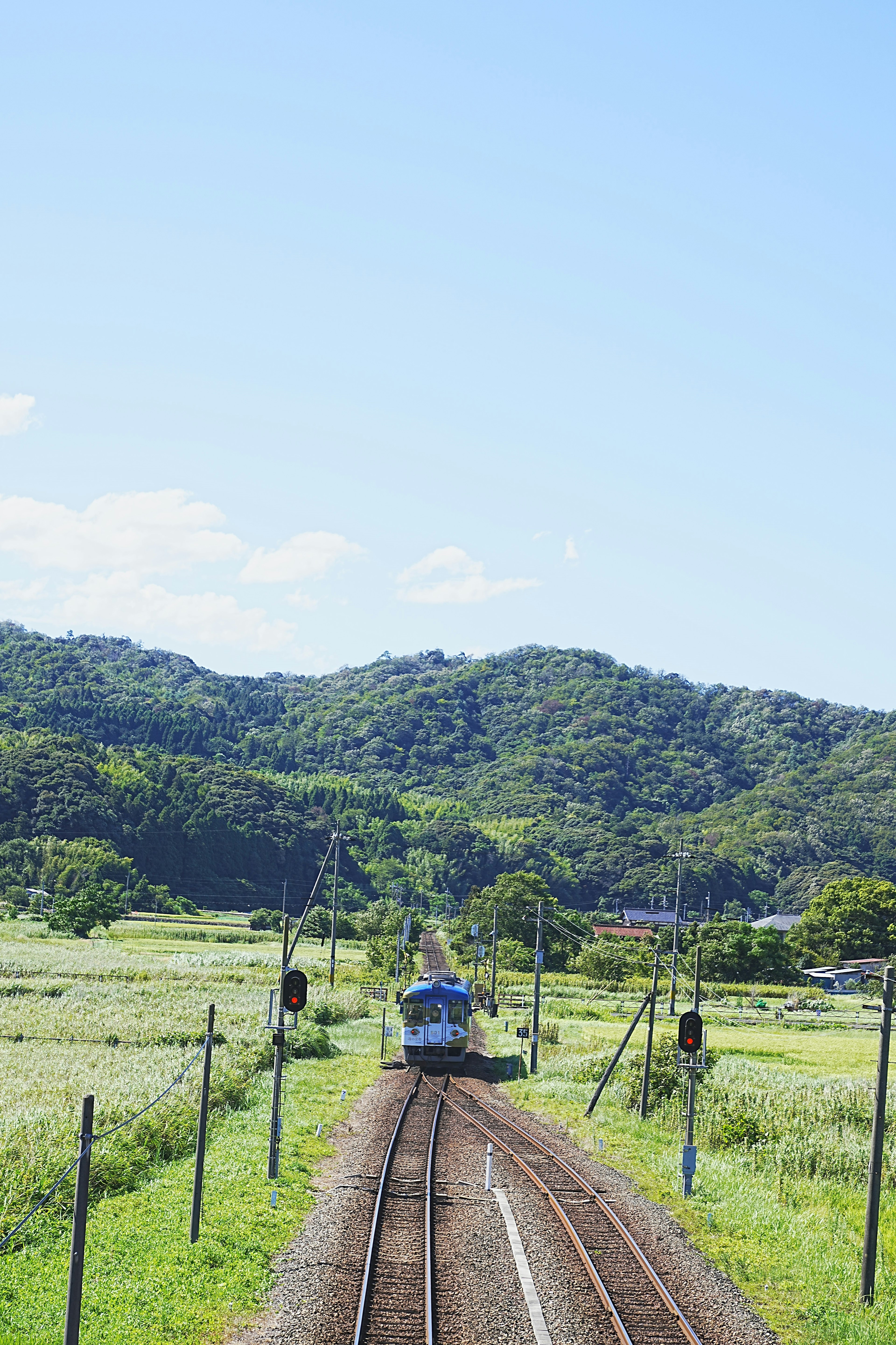 Treno sui binari con colline verdi e cielo blu sullo sfondo