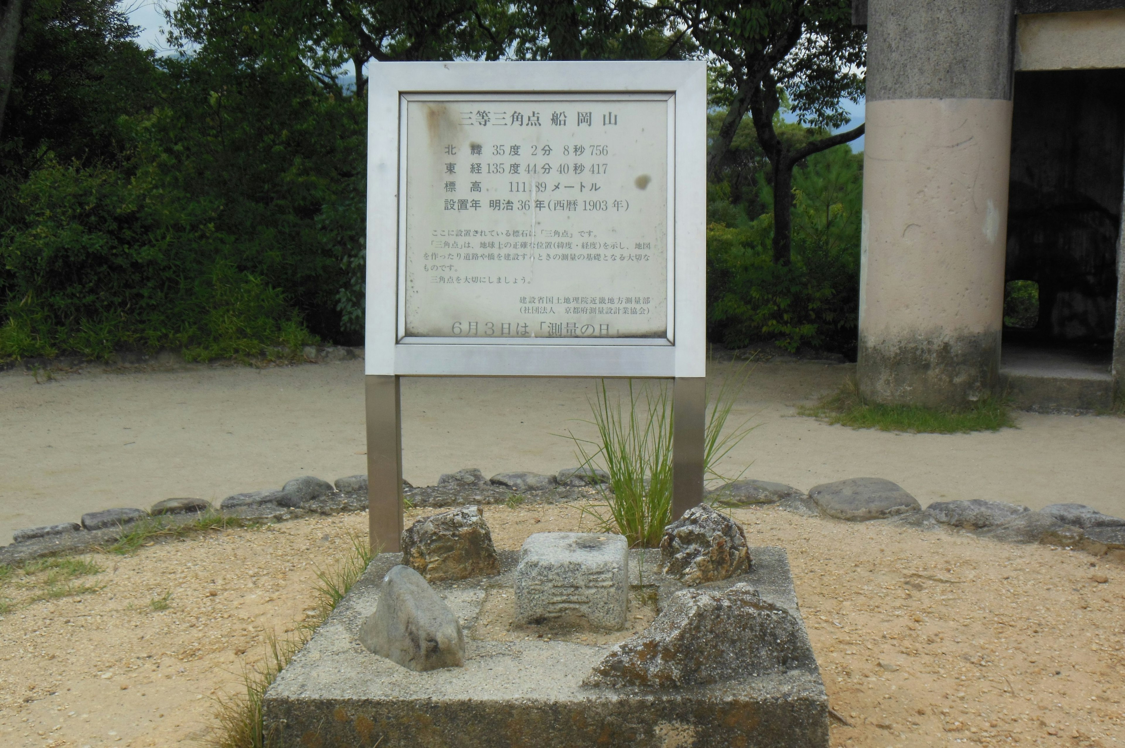 Cartel informativo en un paisaje verde con piedras alrededor