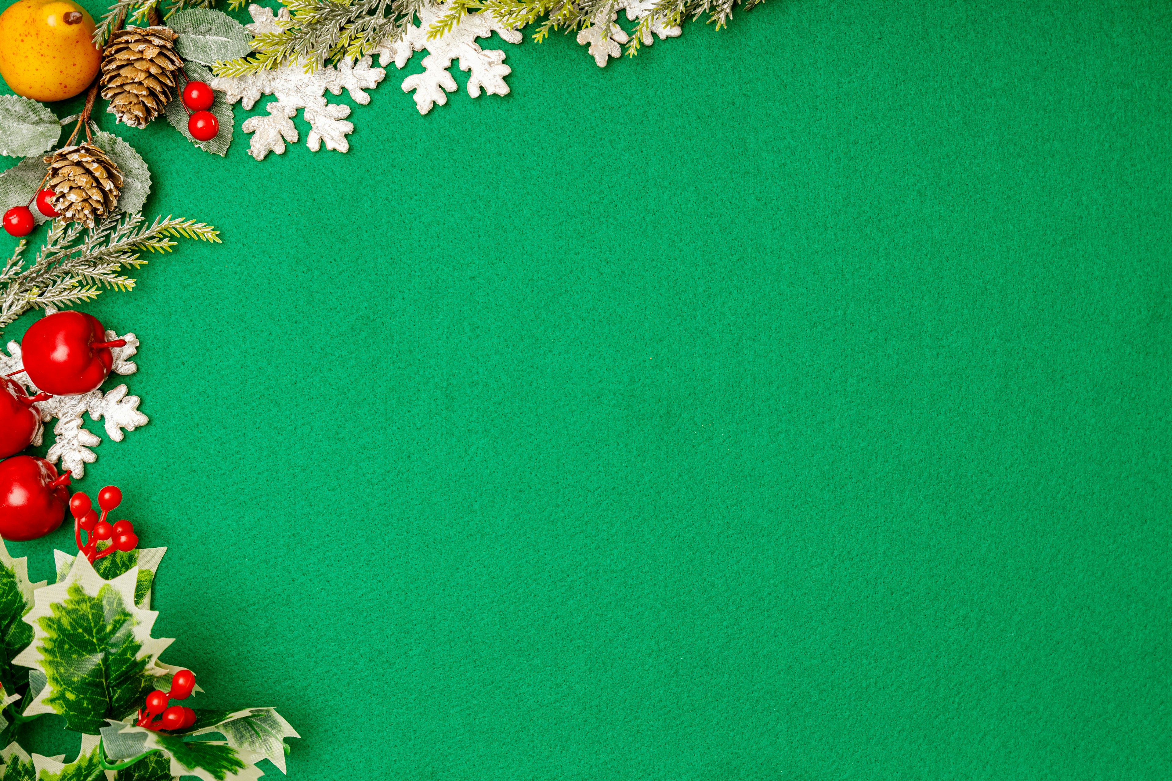 A green background with a Christmas decoration frame featuring pine cones red berries and white snowflakes