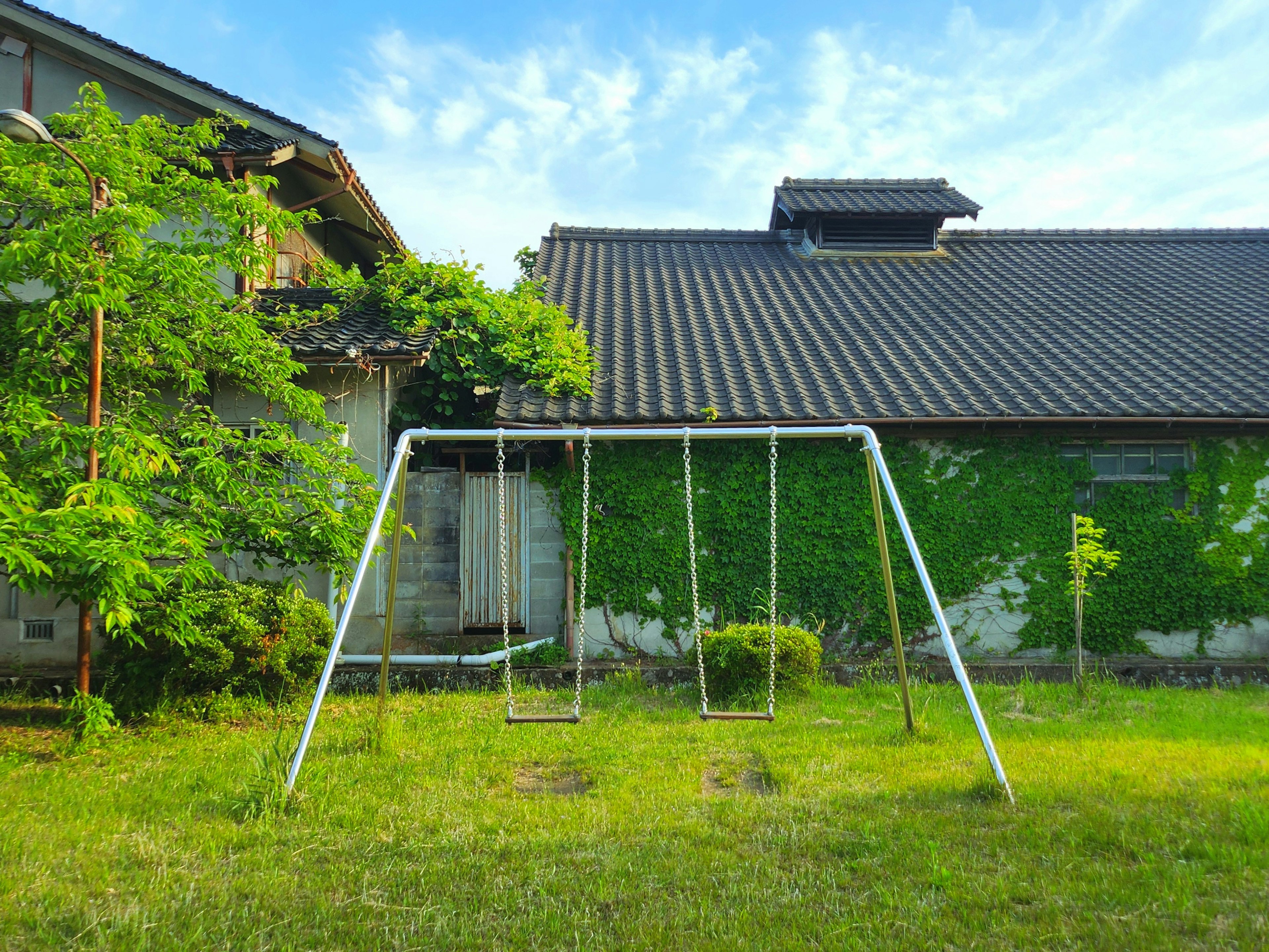 Swing set in an overgrown backyard with a vintage house