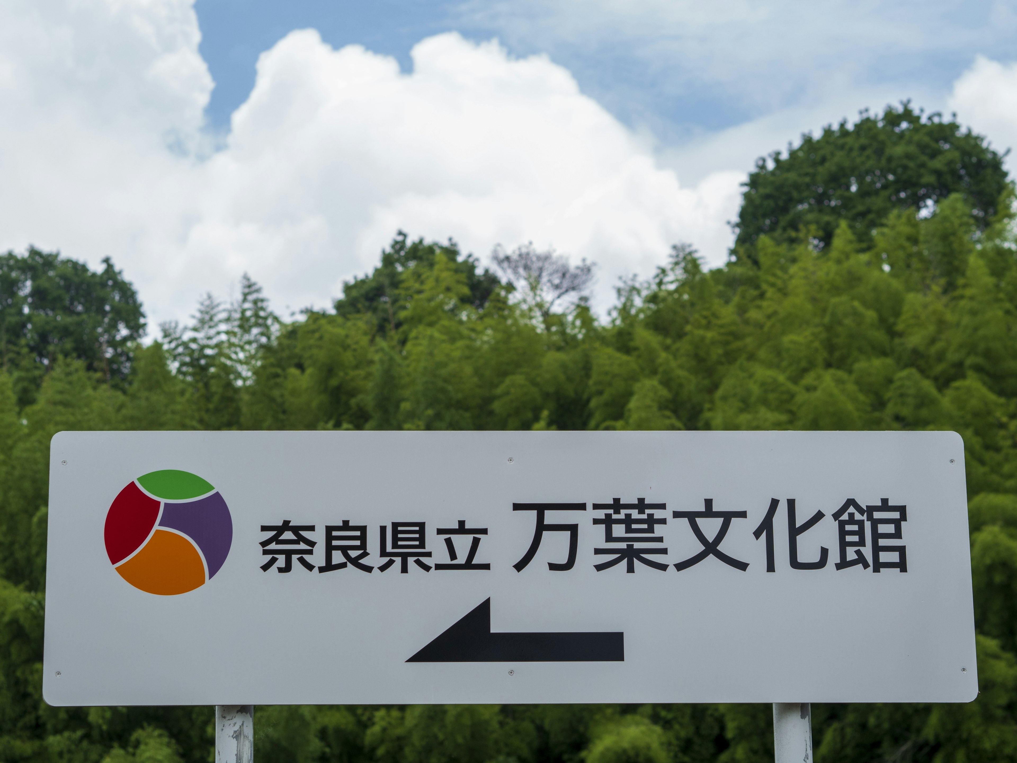 Sign for Nara Prefectural Manyo Culture Museum with green foliage background