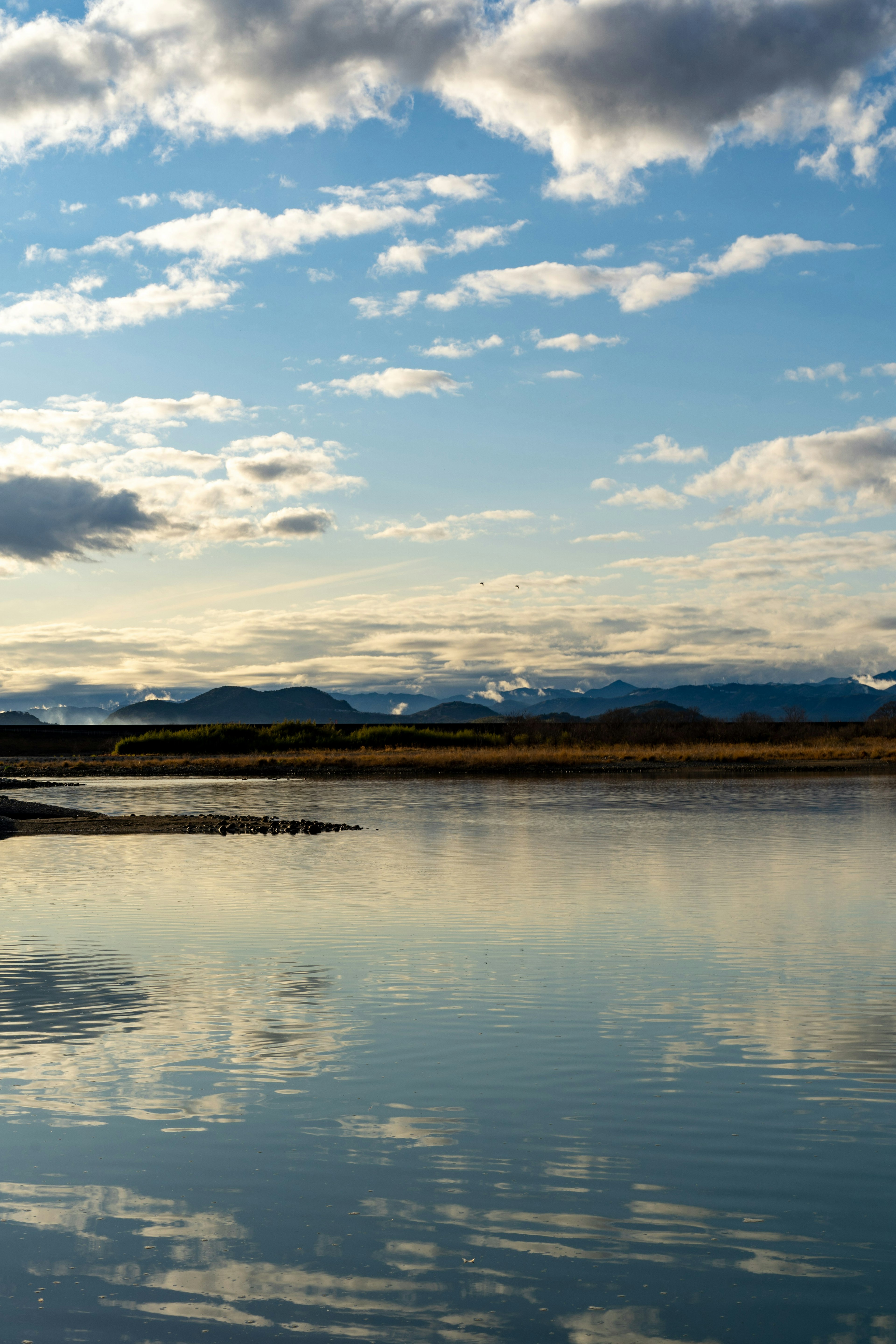 Calm lake reflecting mountains and sky