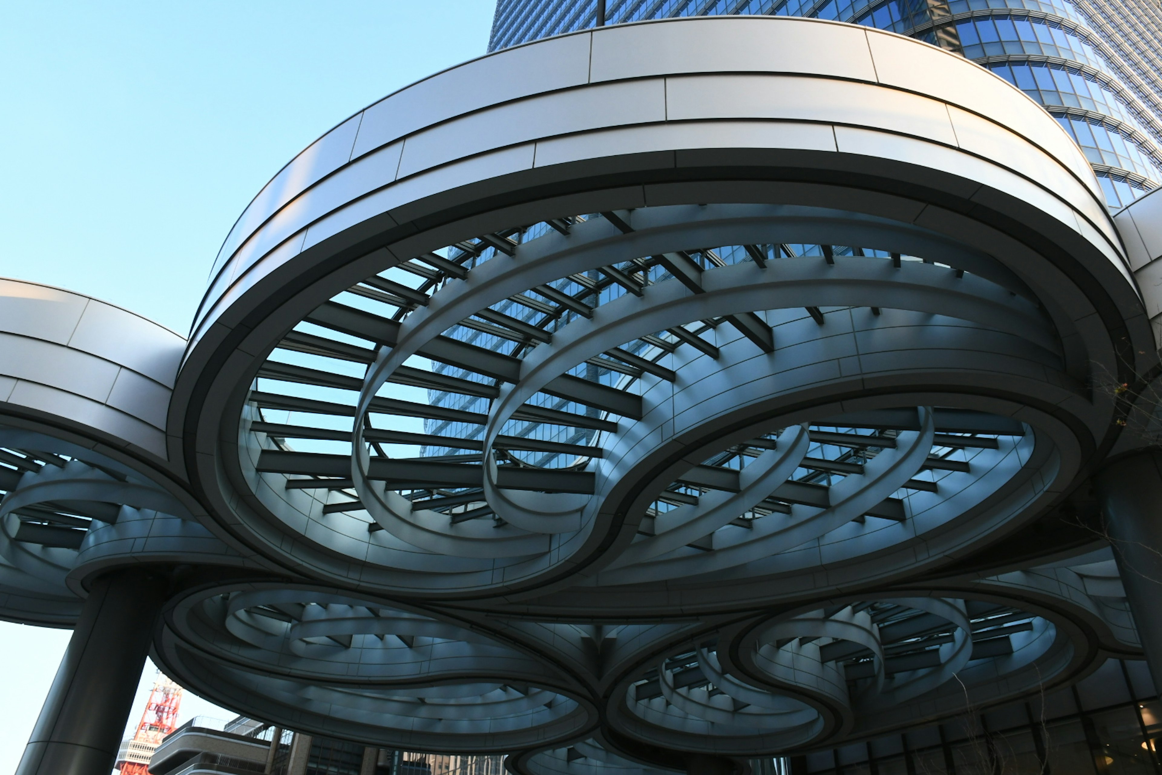 Futuristic roof structure with metallic circular elements