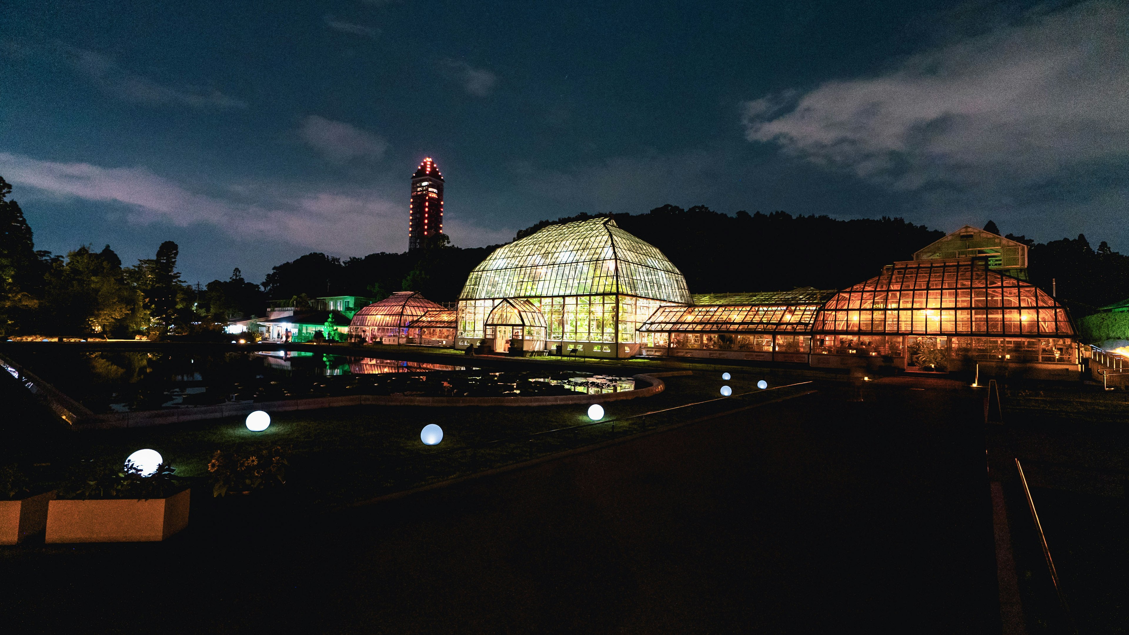 夜の植物園の温室と塔の美しい景色