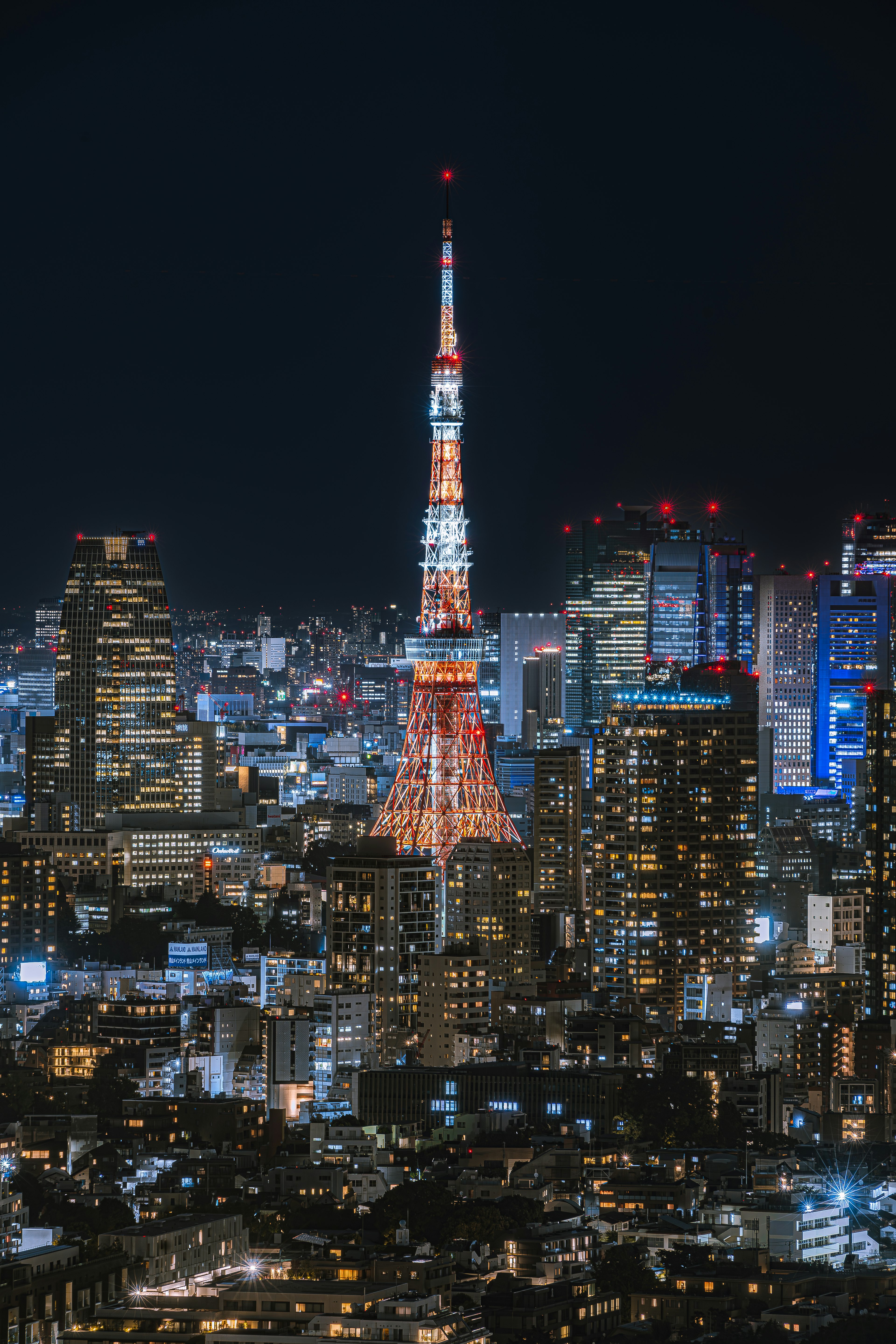 東京塔在夜間照亮的城市天際線