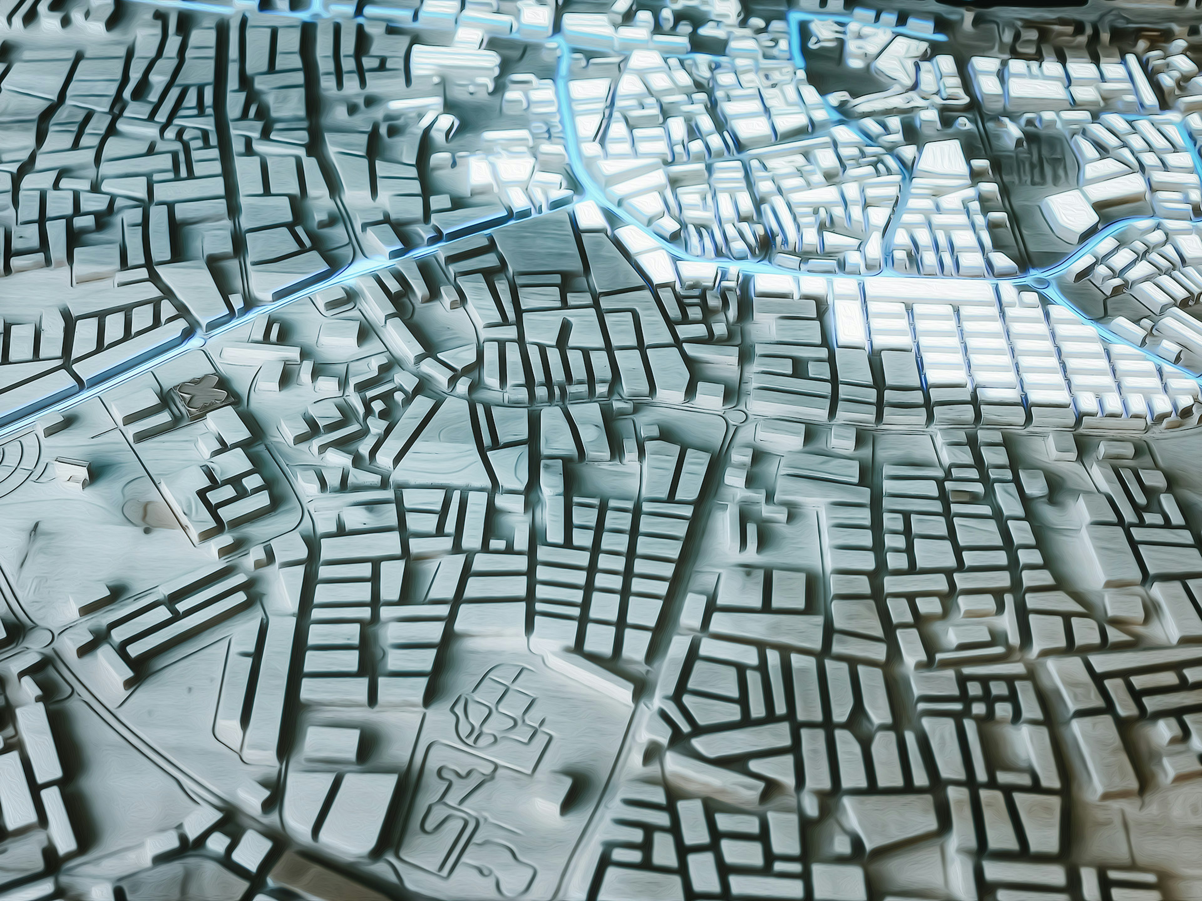 Detailliertes Stadtmodell, das verschiedene Gebäude und Straßen in einem dreidimensionalen Layout zeigt