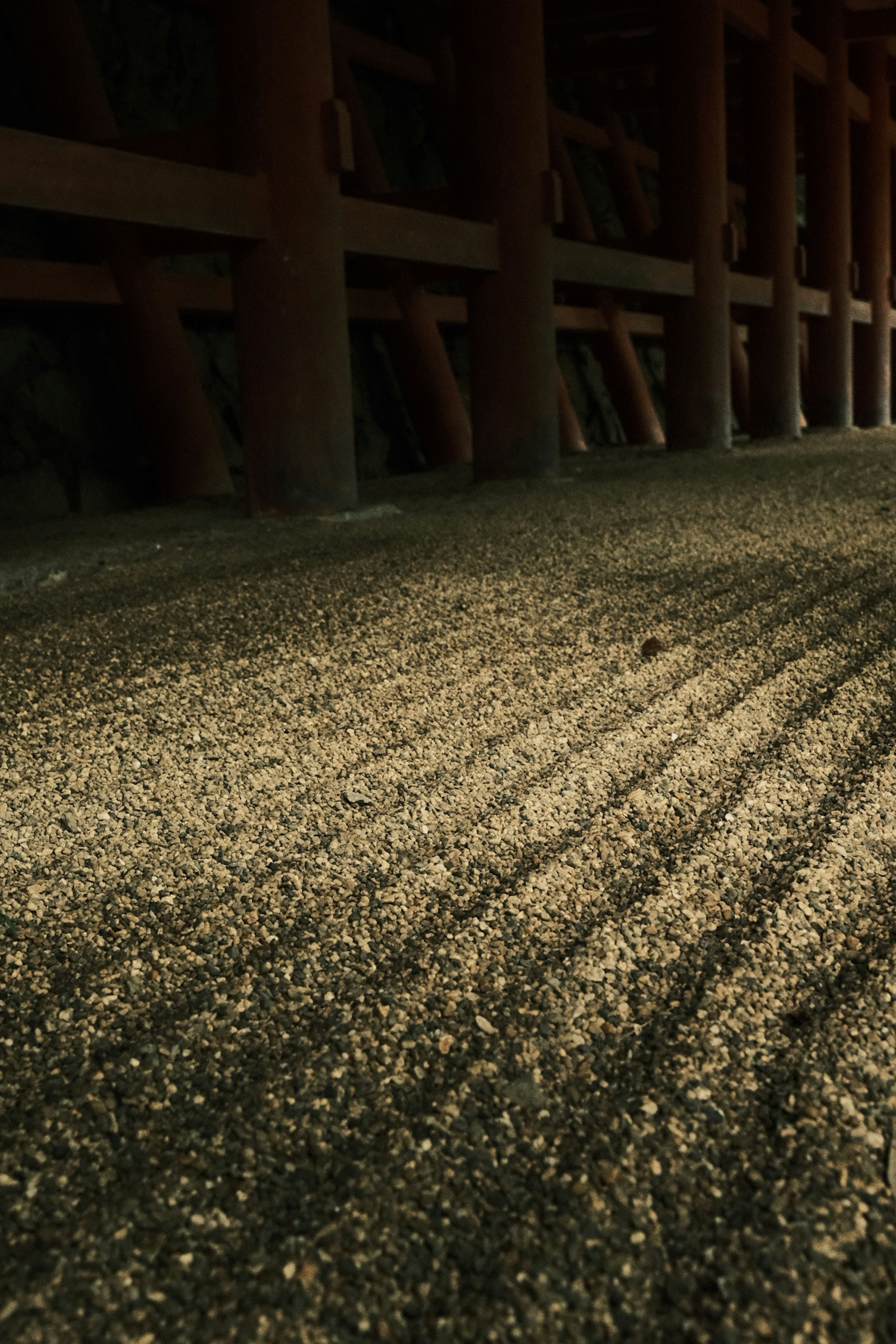 静かな砂利道に落ちる柔らかな光の影