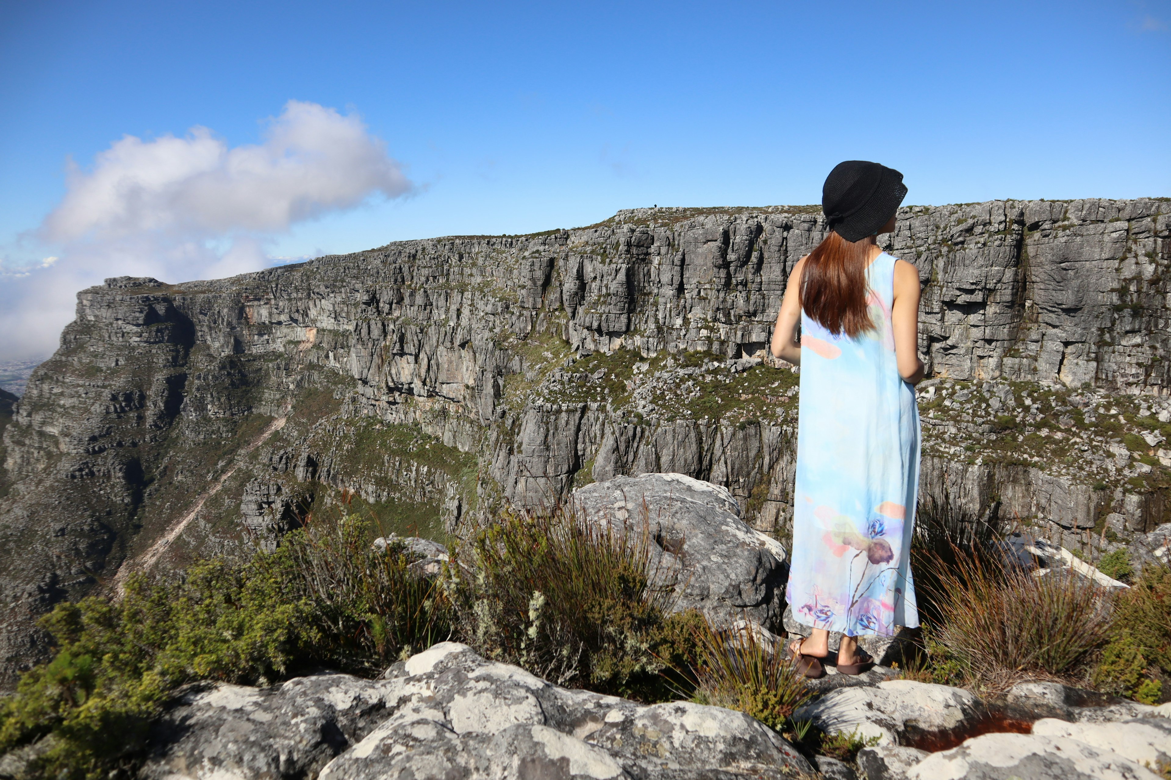 Mujer mirando un acantilado, rodeada de cielo azul y nubes, pradera verde