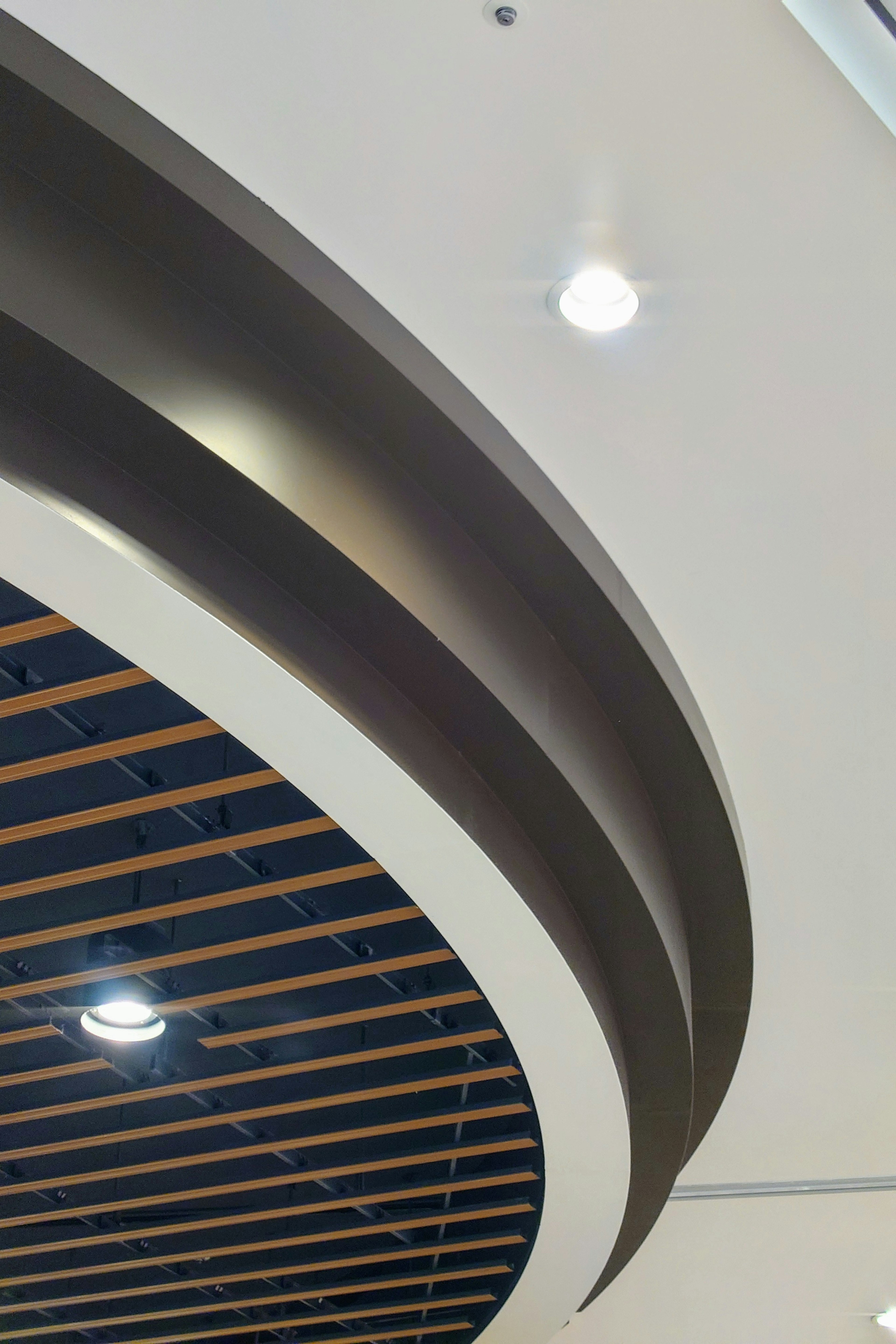 Sleek curved ceiling design featuring wooden beams and recessed lighting