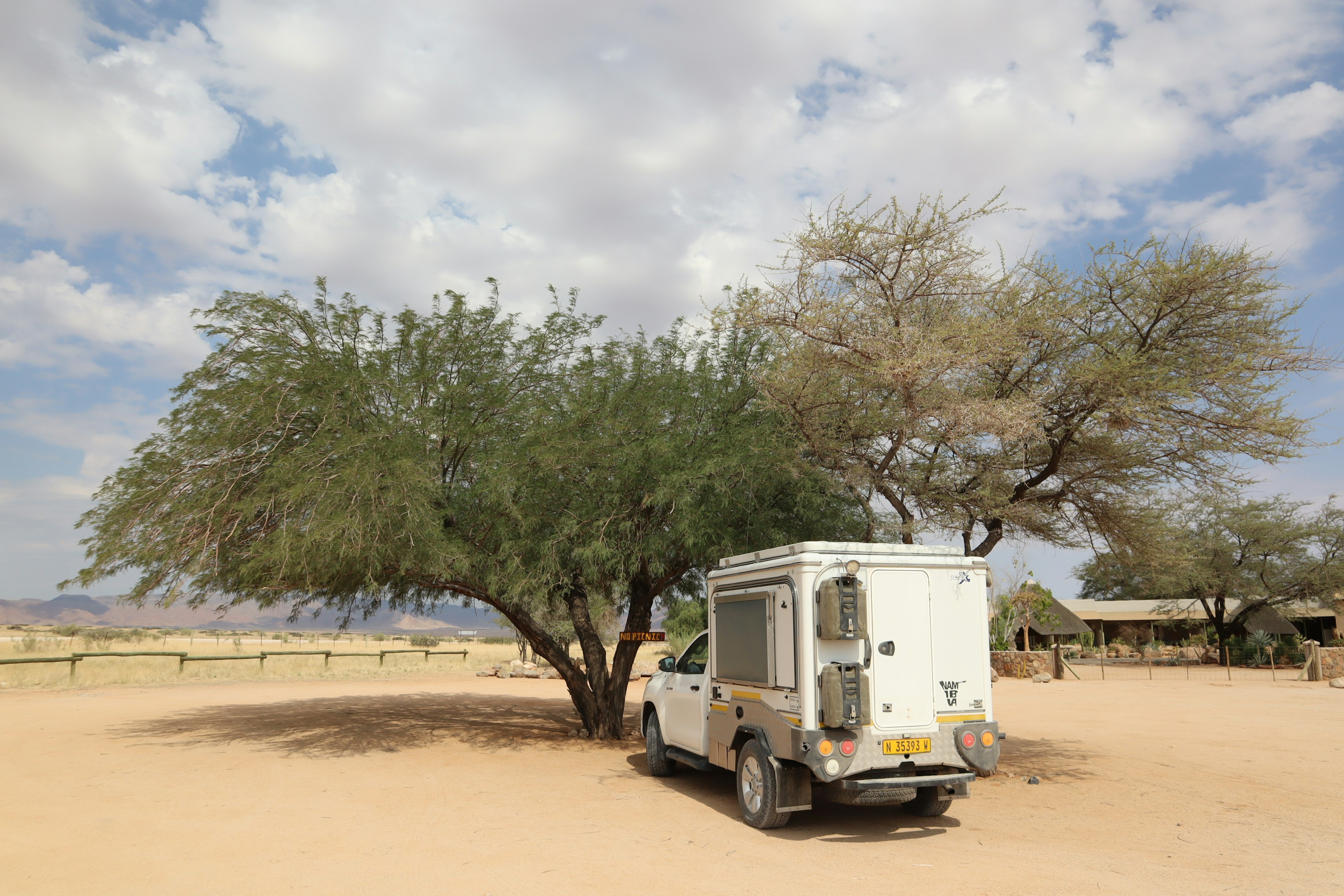 Ein weißer Camper, der unter einem großen Baum in einer Wüstenlandschaft parkt