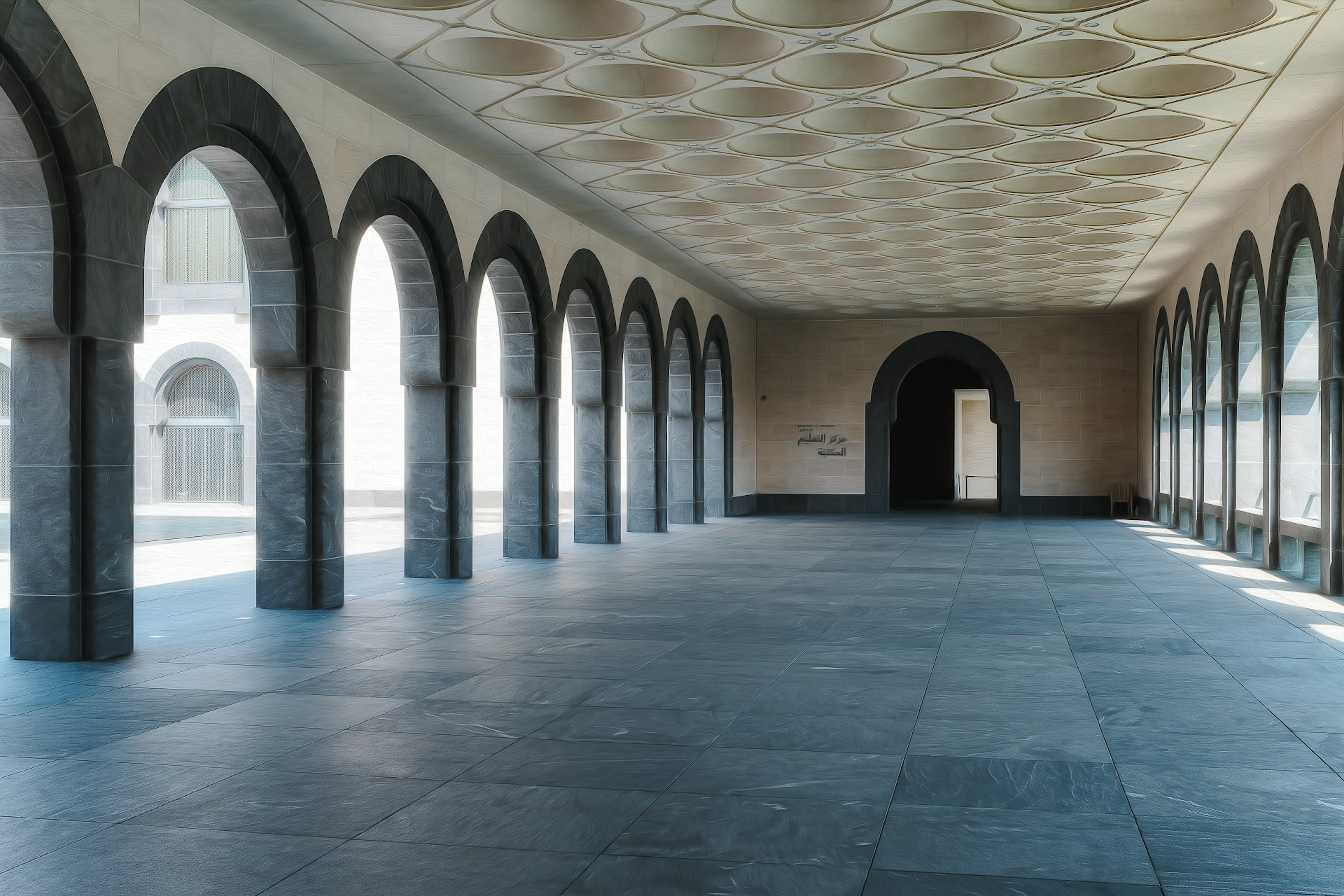 Spacious interior featuring a series of arched windows