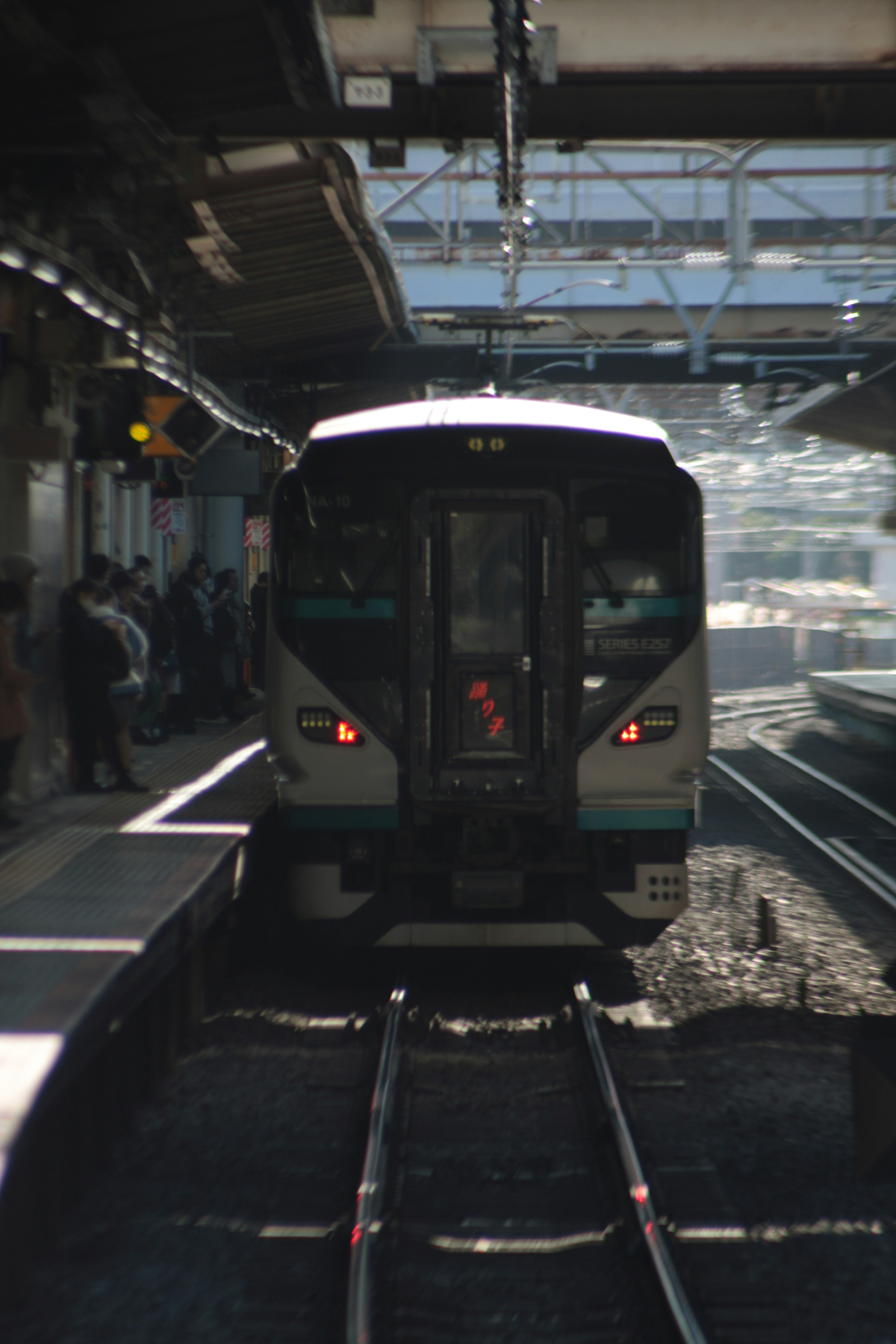 駅に停車する電車の前面と乗客