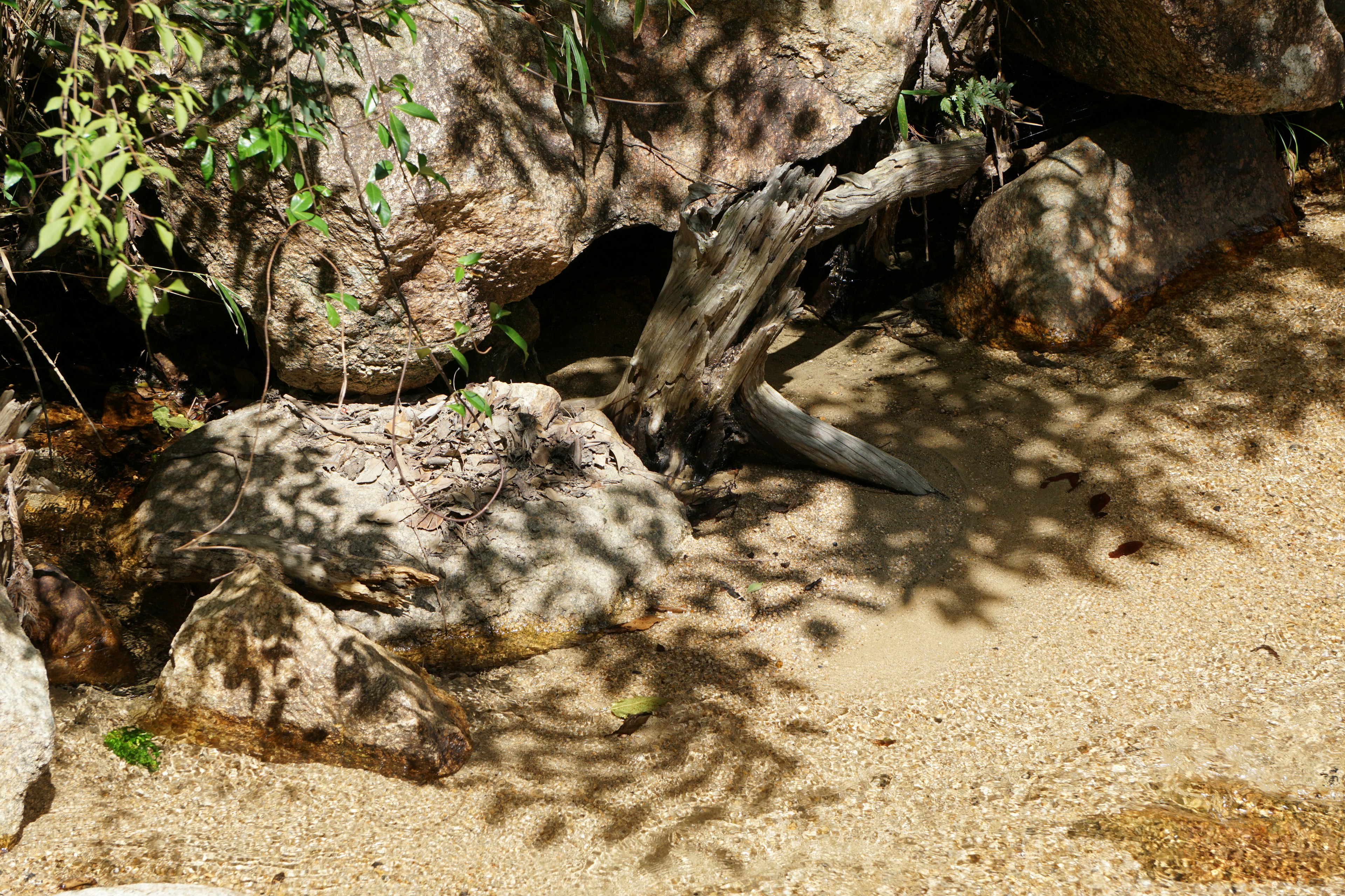 Sandfläche zwischen Felsen mit Baum Schatten