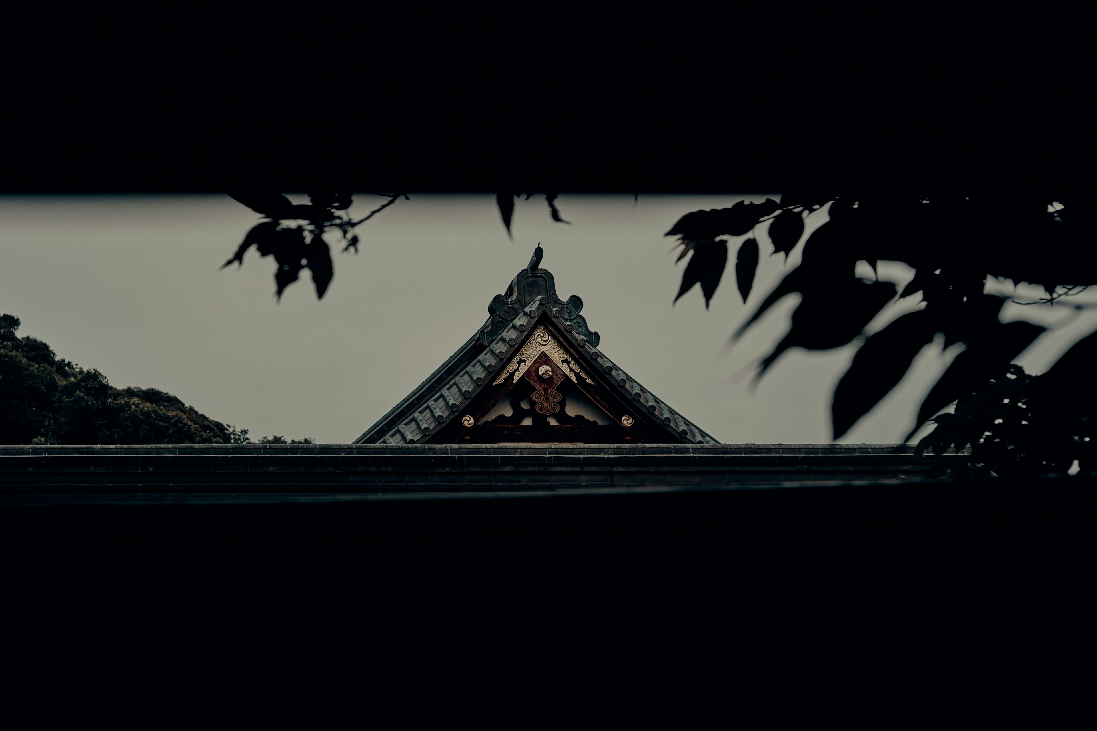 Traditional Japanese architecture roof partially visible among leaves