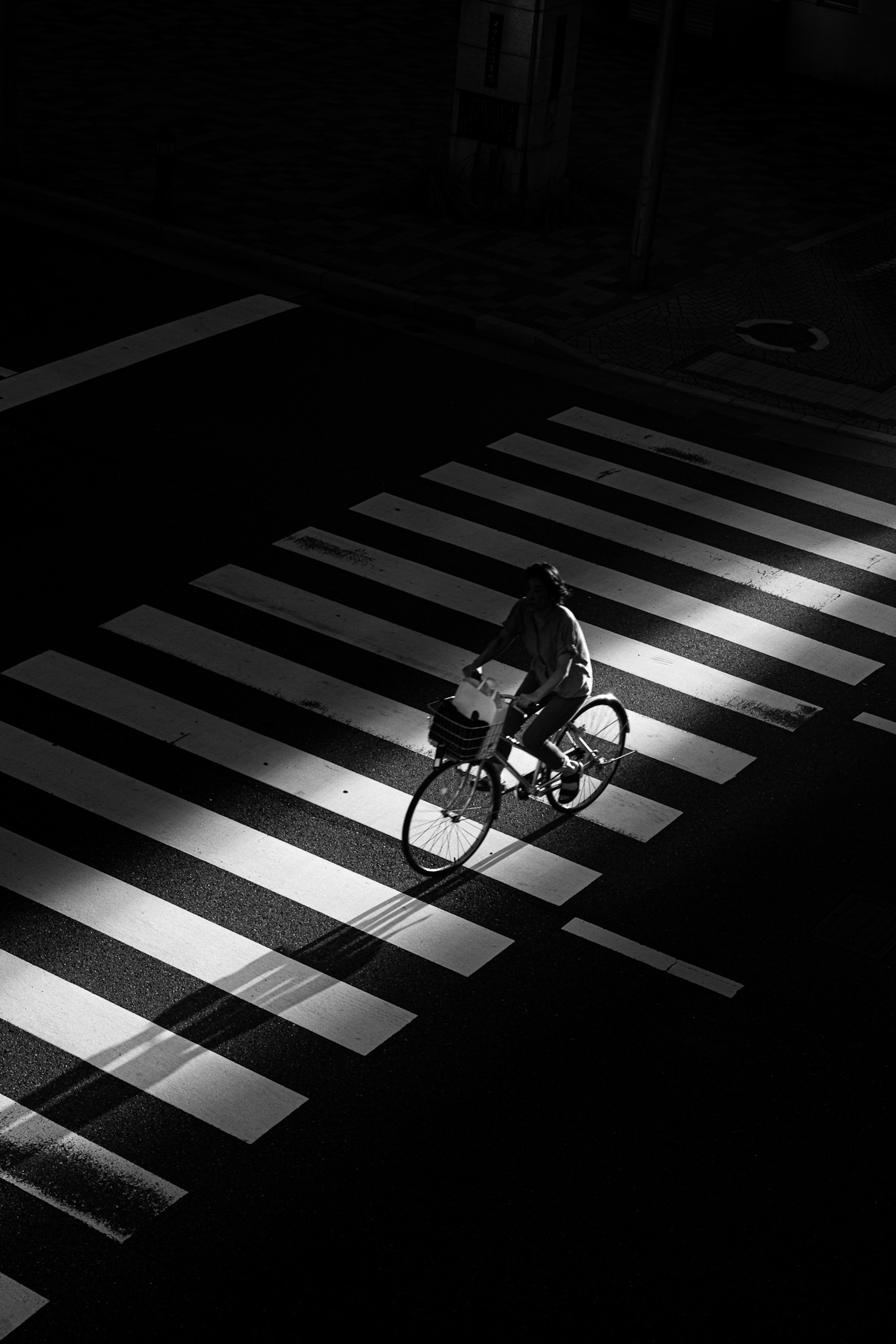 A cyclist crossing a black and white crosswalk