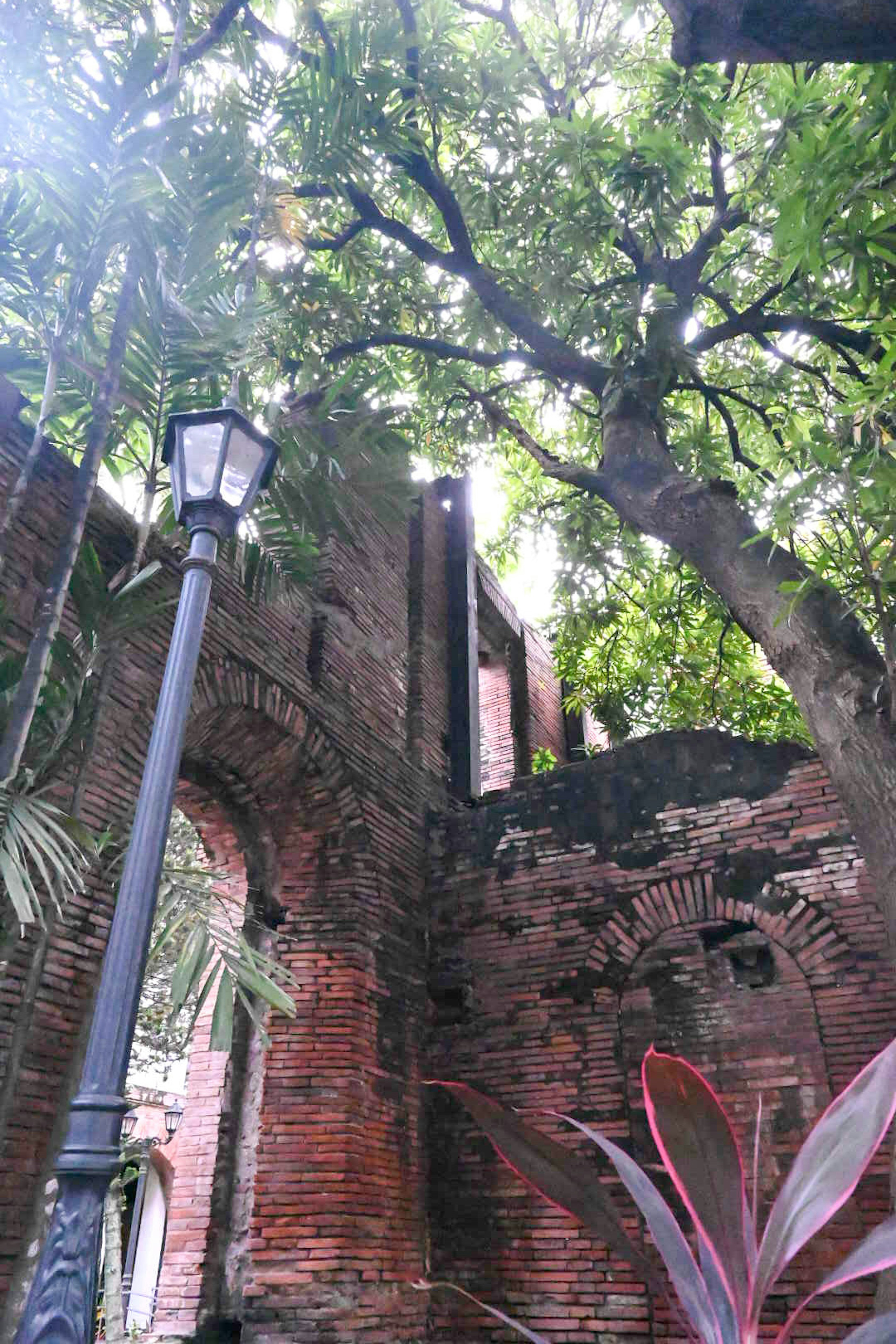 Una vista di vecchie mura in mattoni circondate da alberi verdi lussureggianti e un lampione