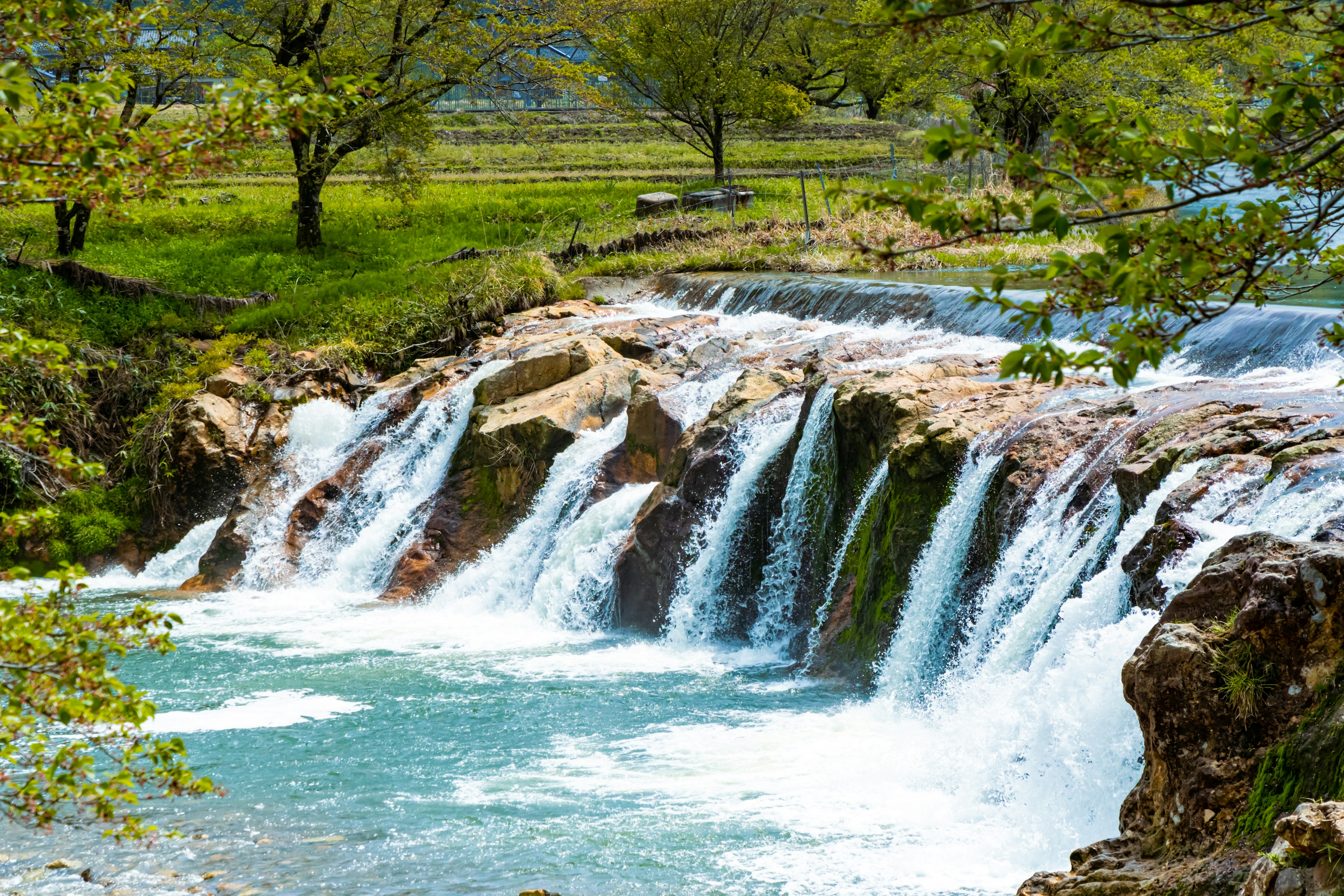 Air terjun yang indah dengan air turquoise mengalir di lingkungan alami