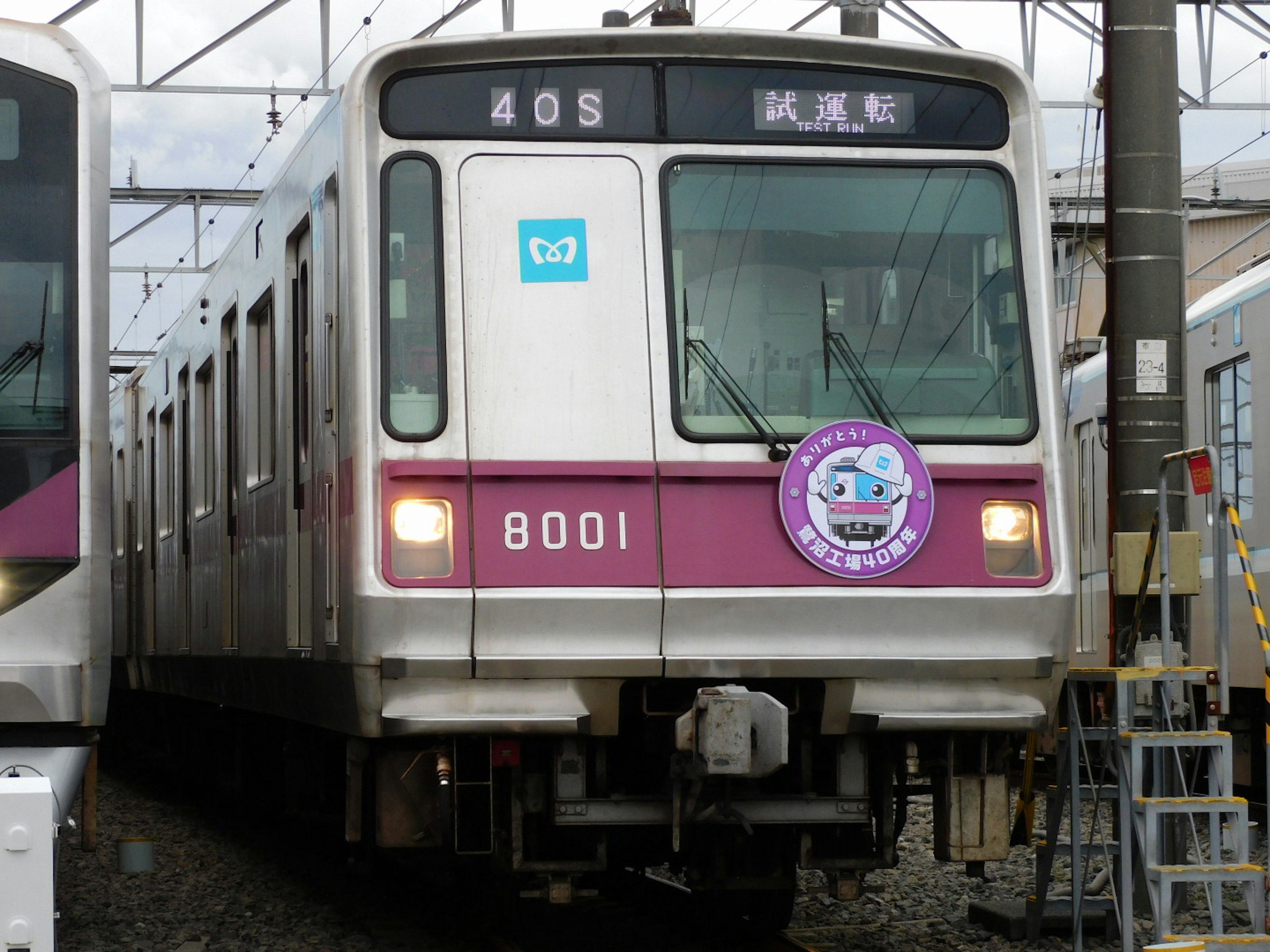 Tren número 8001 estacionado en una estación con un emblema púrpura