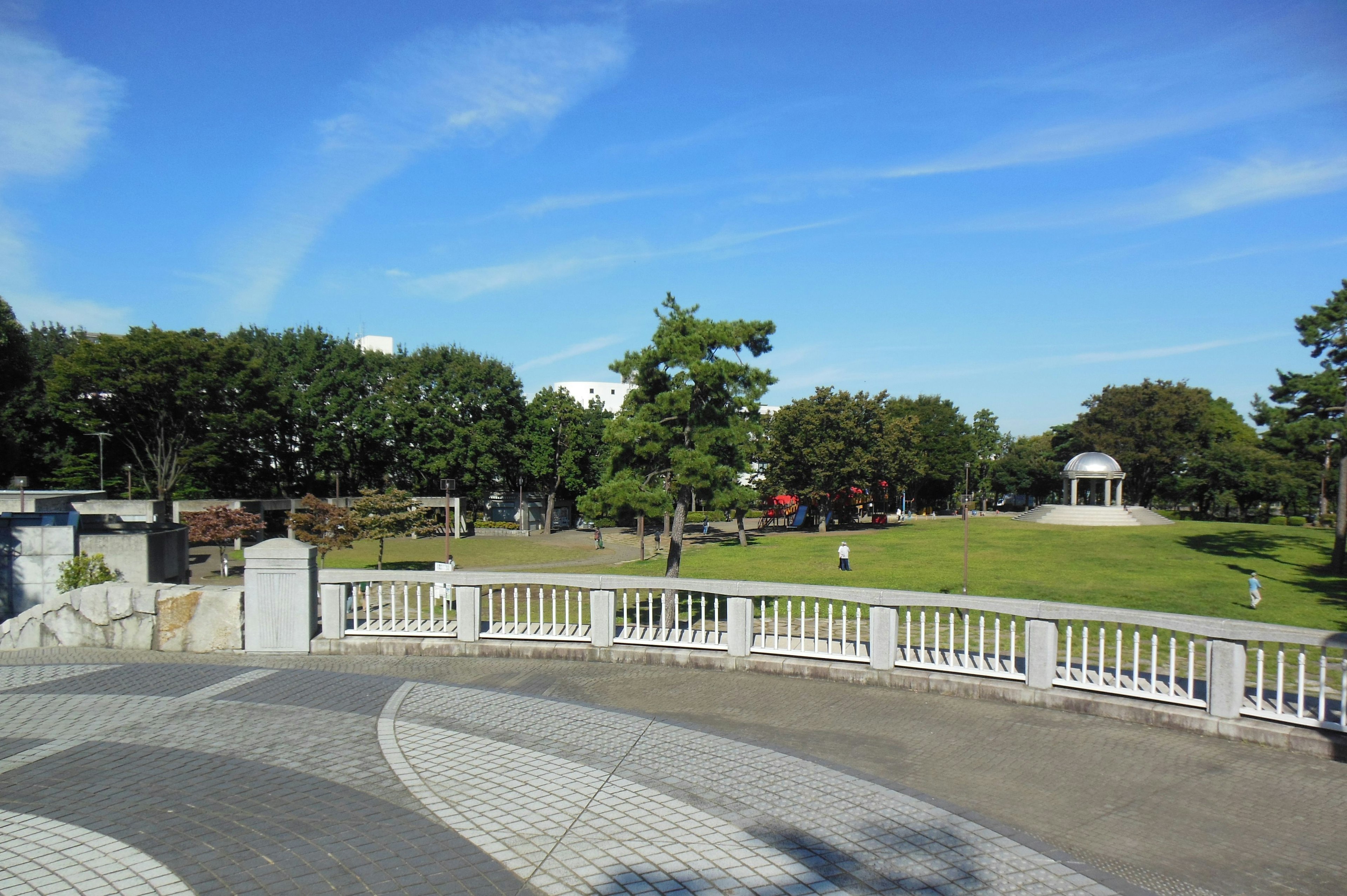 Park view with blue sky and green trees white railing and paved path