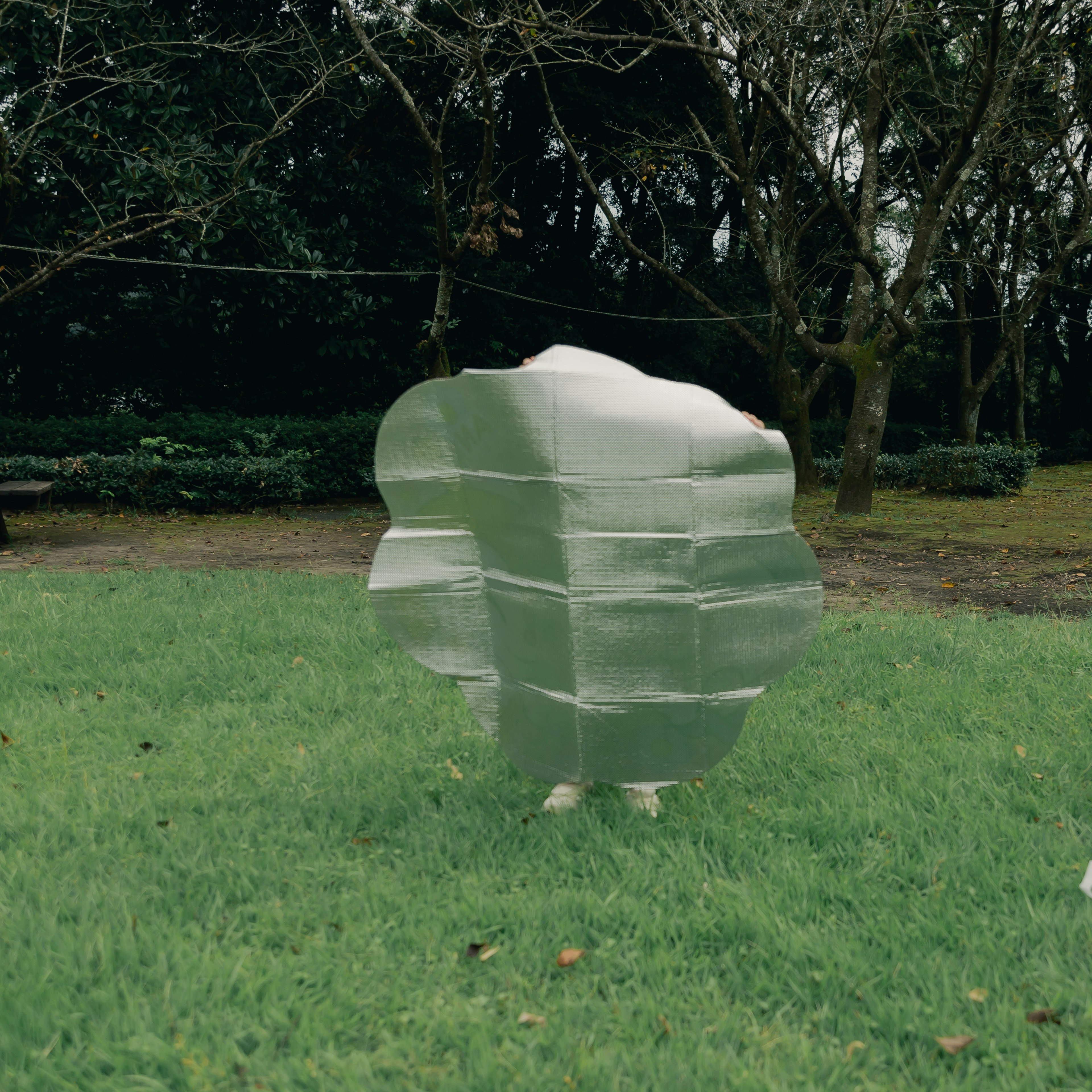 Transparent art piece standing on green grass