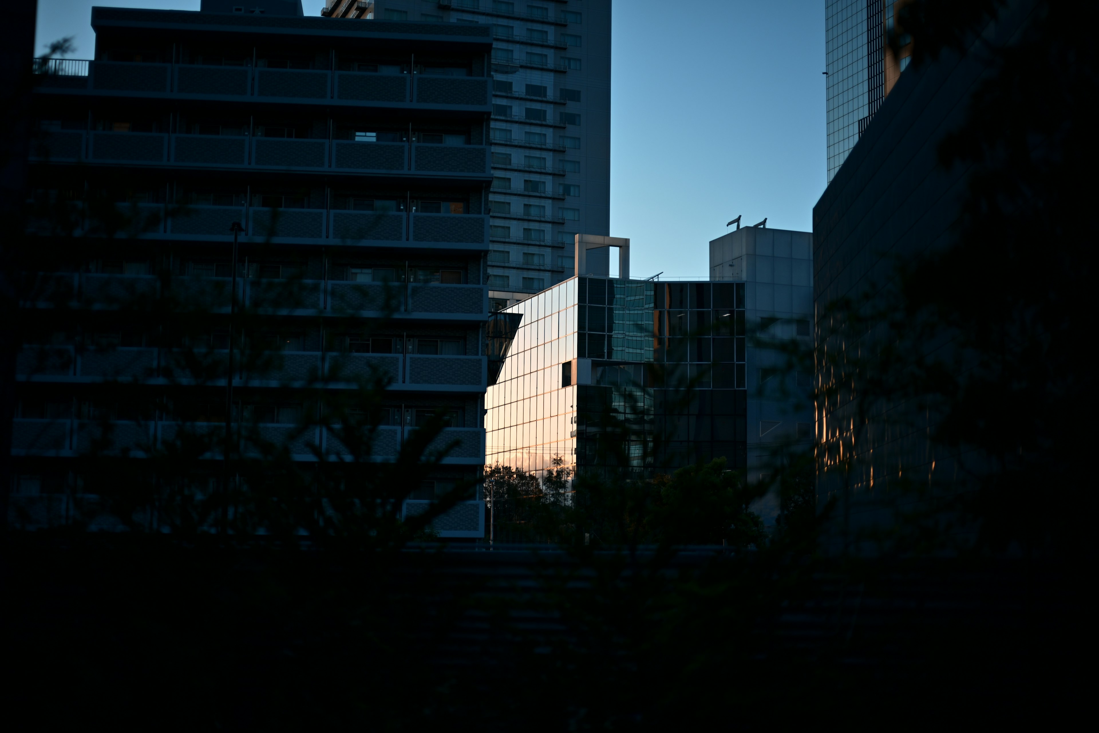 Silhouette of buildings at dusk with reflections