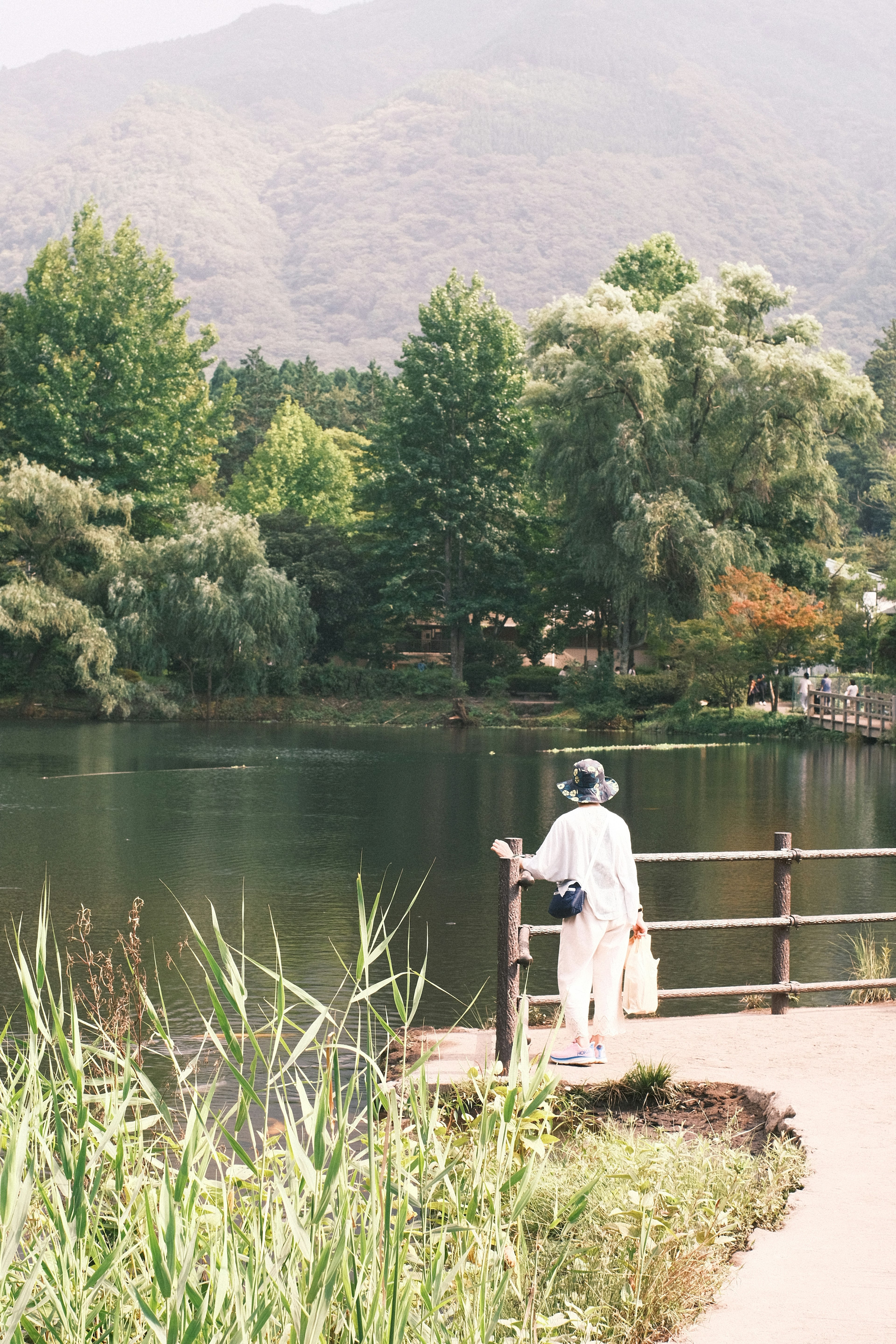 A serene lakeside scene with a person in white clothing standing by the water