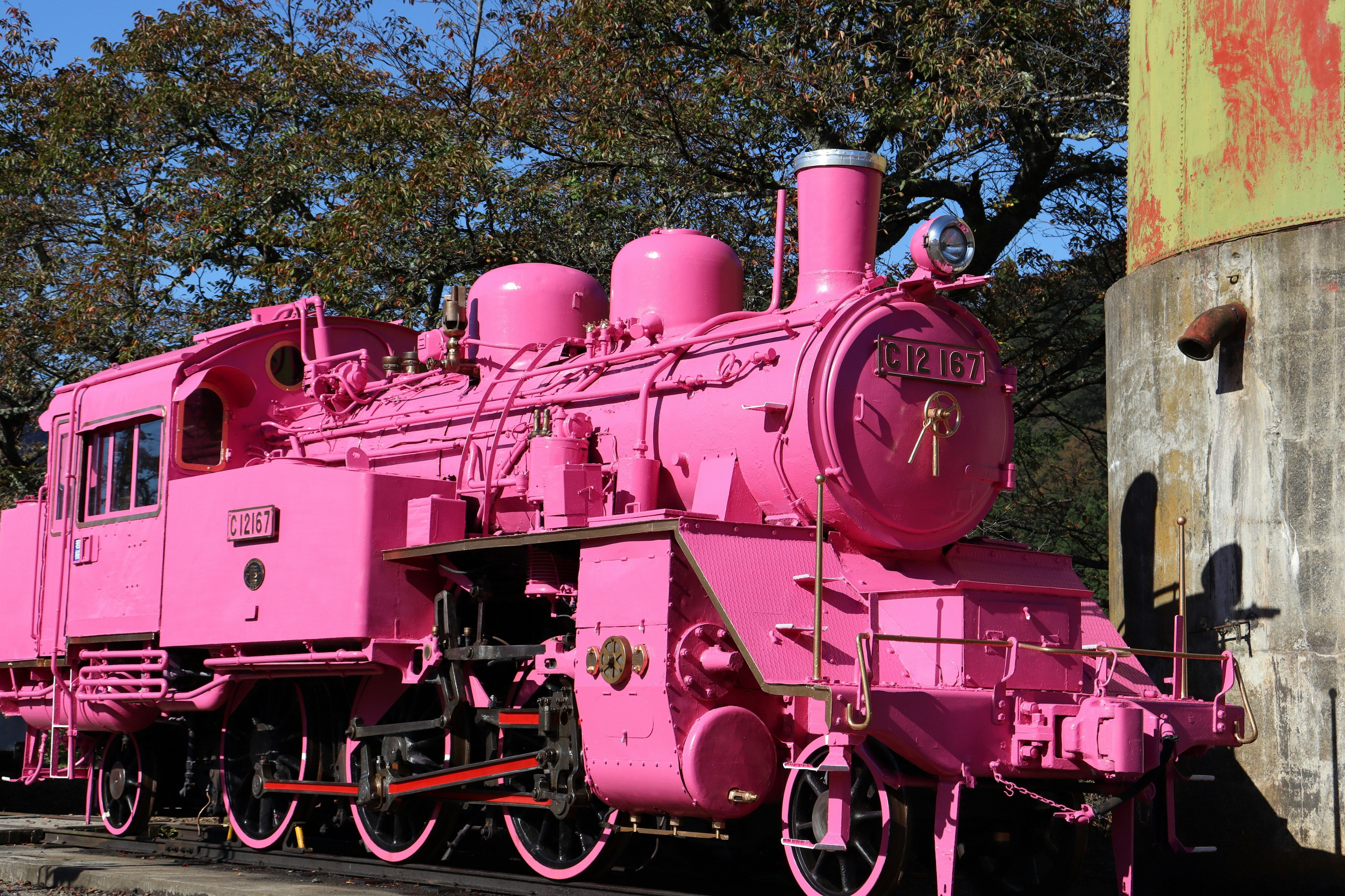 Una locomotora de vapor rosa vibrante estacionada frente a un fondo de árboles