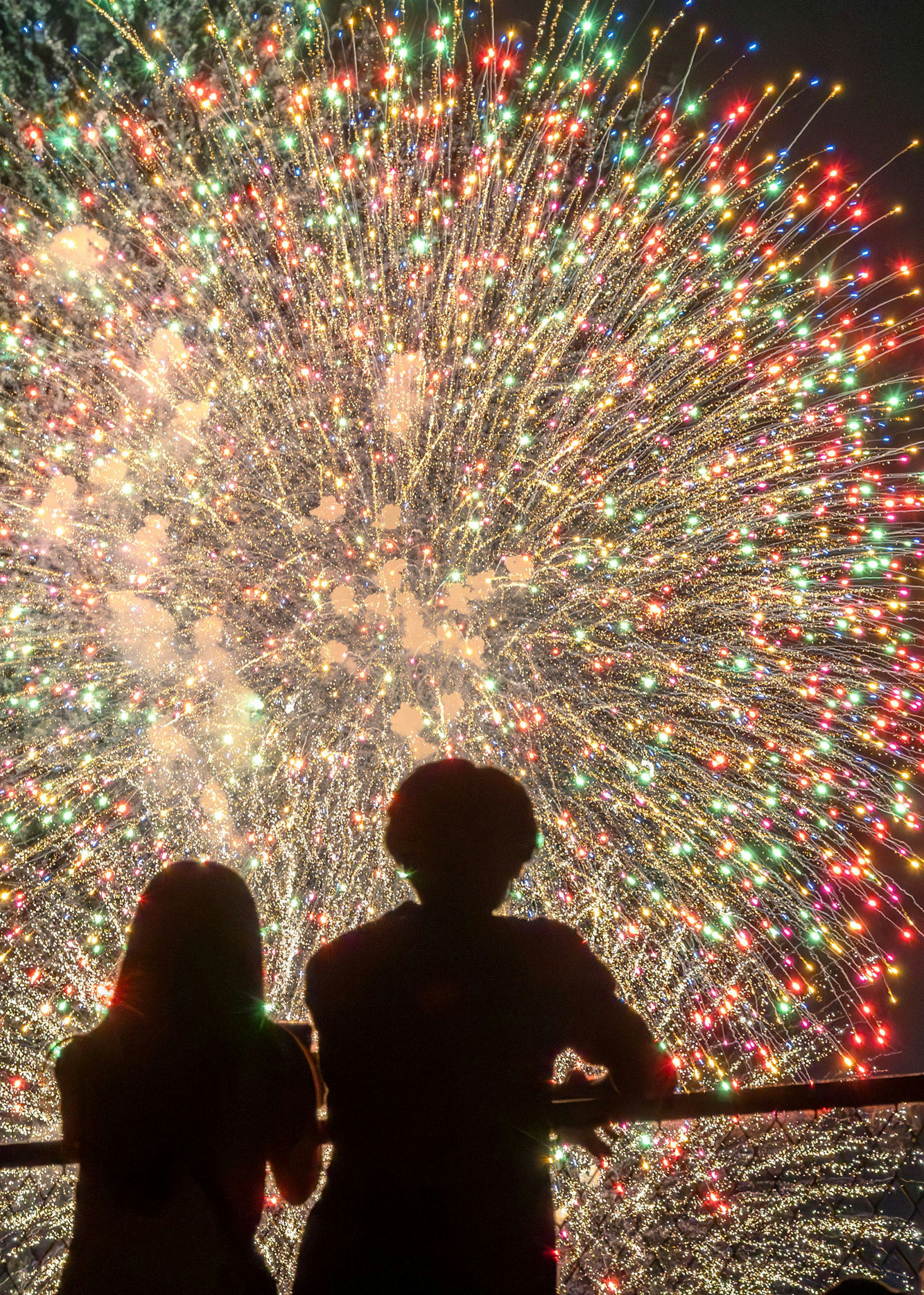 Silhouette di una coppia che guarda fuochi d'artificio colorati