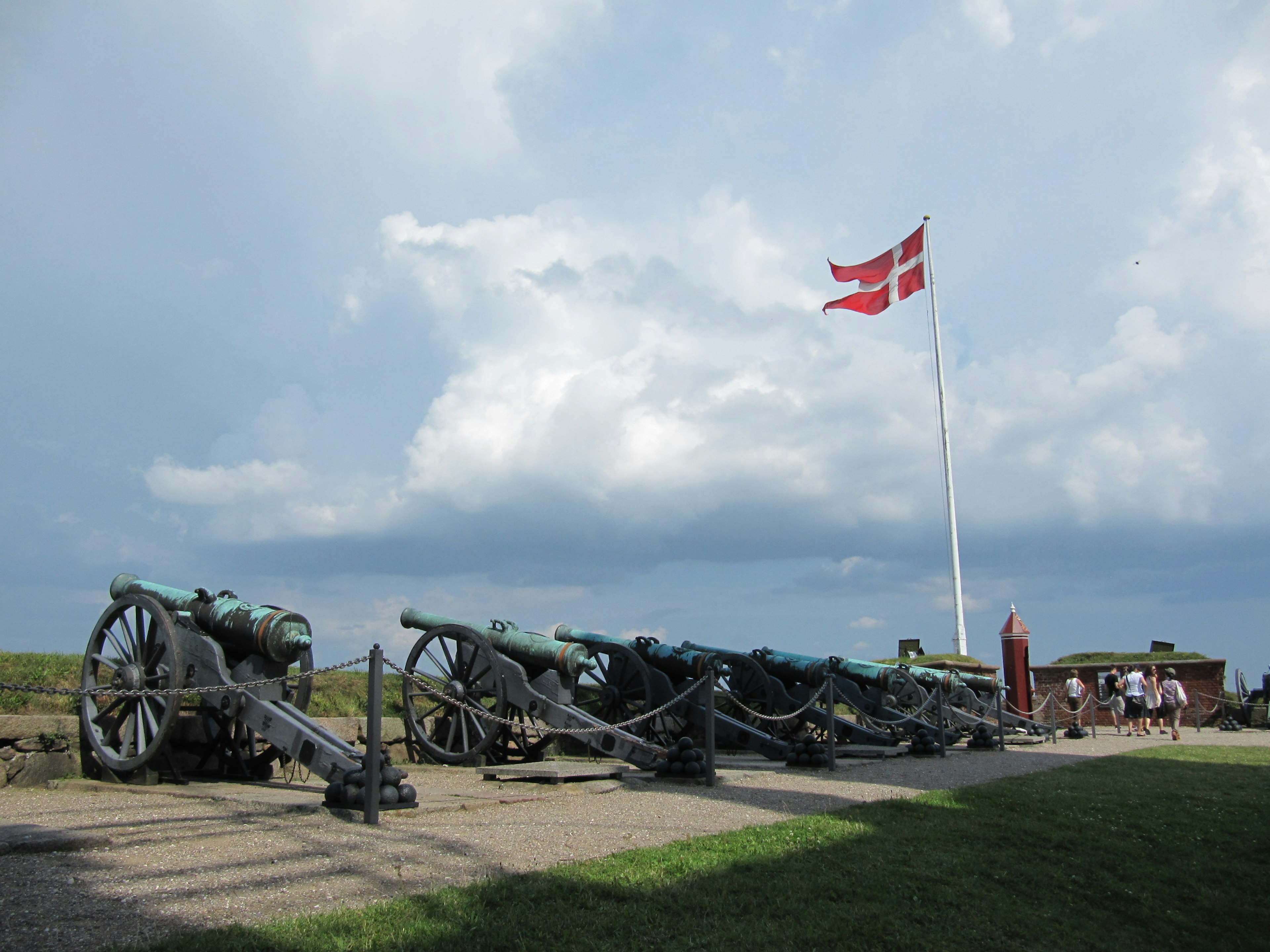 Scène historique avec des canons alignés sous le drapeau danois