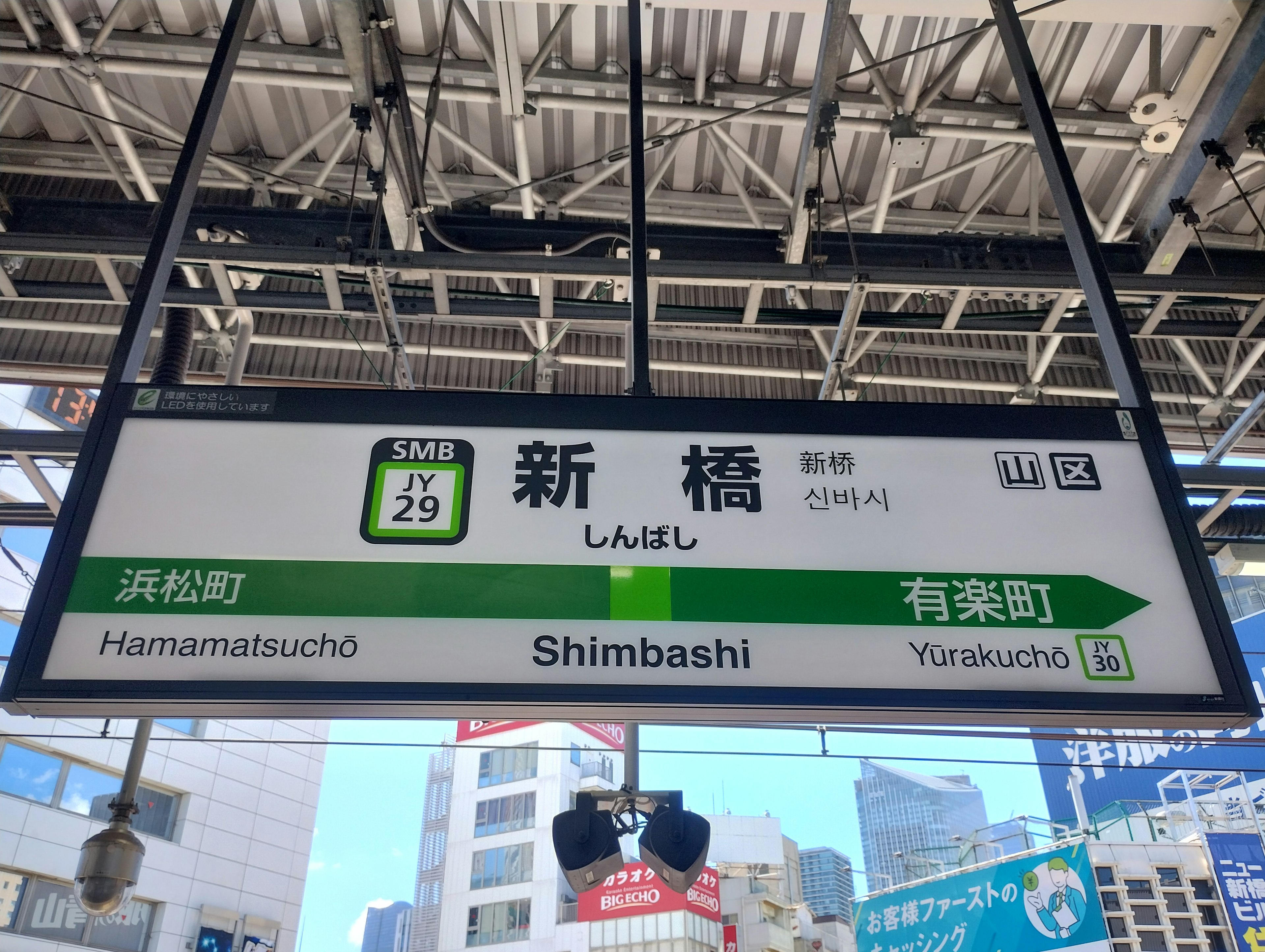 Insegna alla stazione di Shimbashi che mostra i nomi delle stazioni in giapponese e in inglese