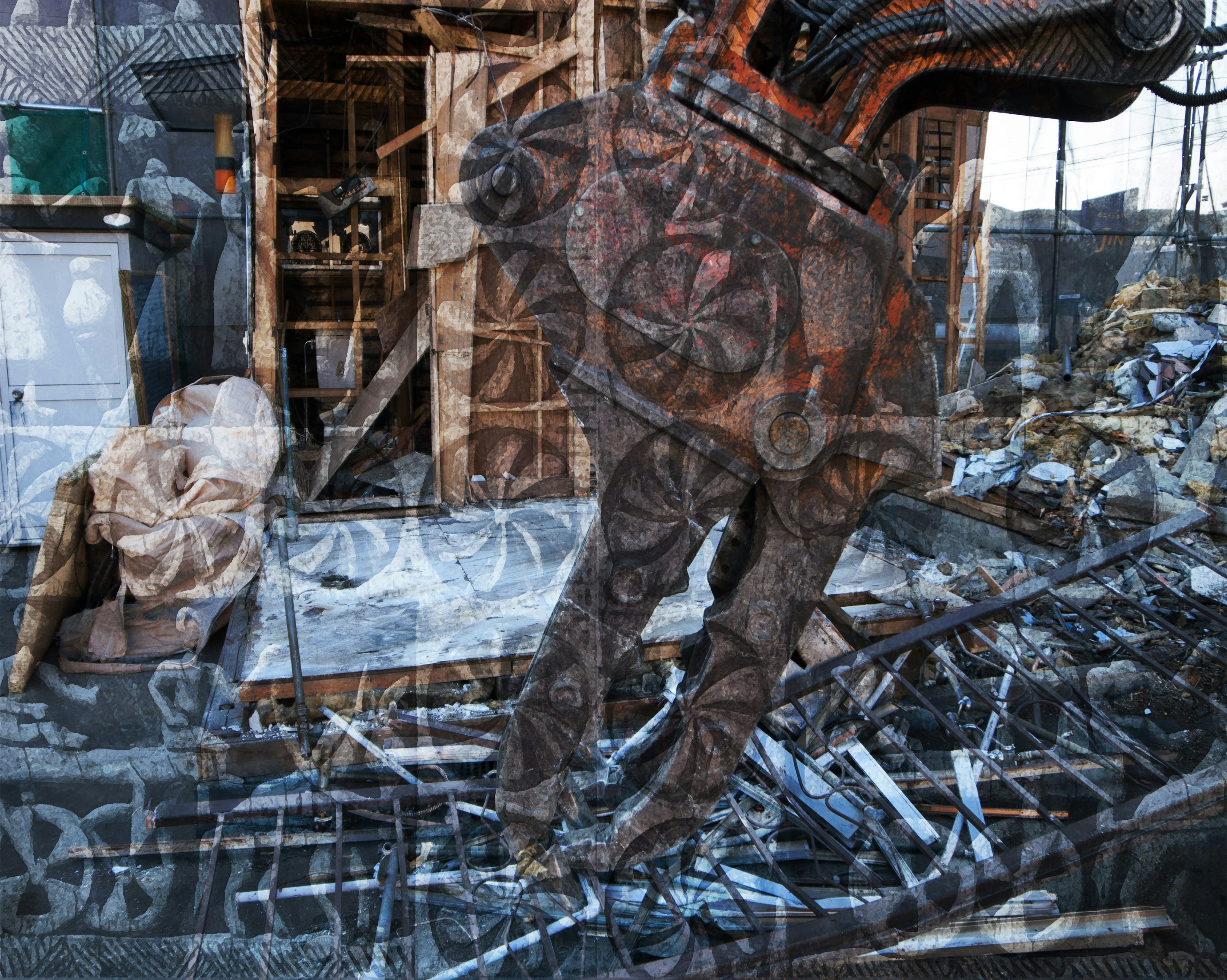 Baustelle mit einem Kran, der Metallabfälle hebt