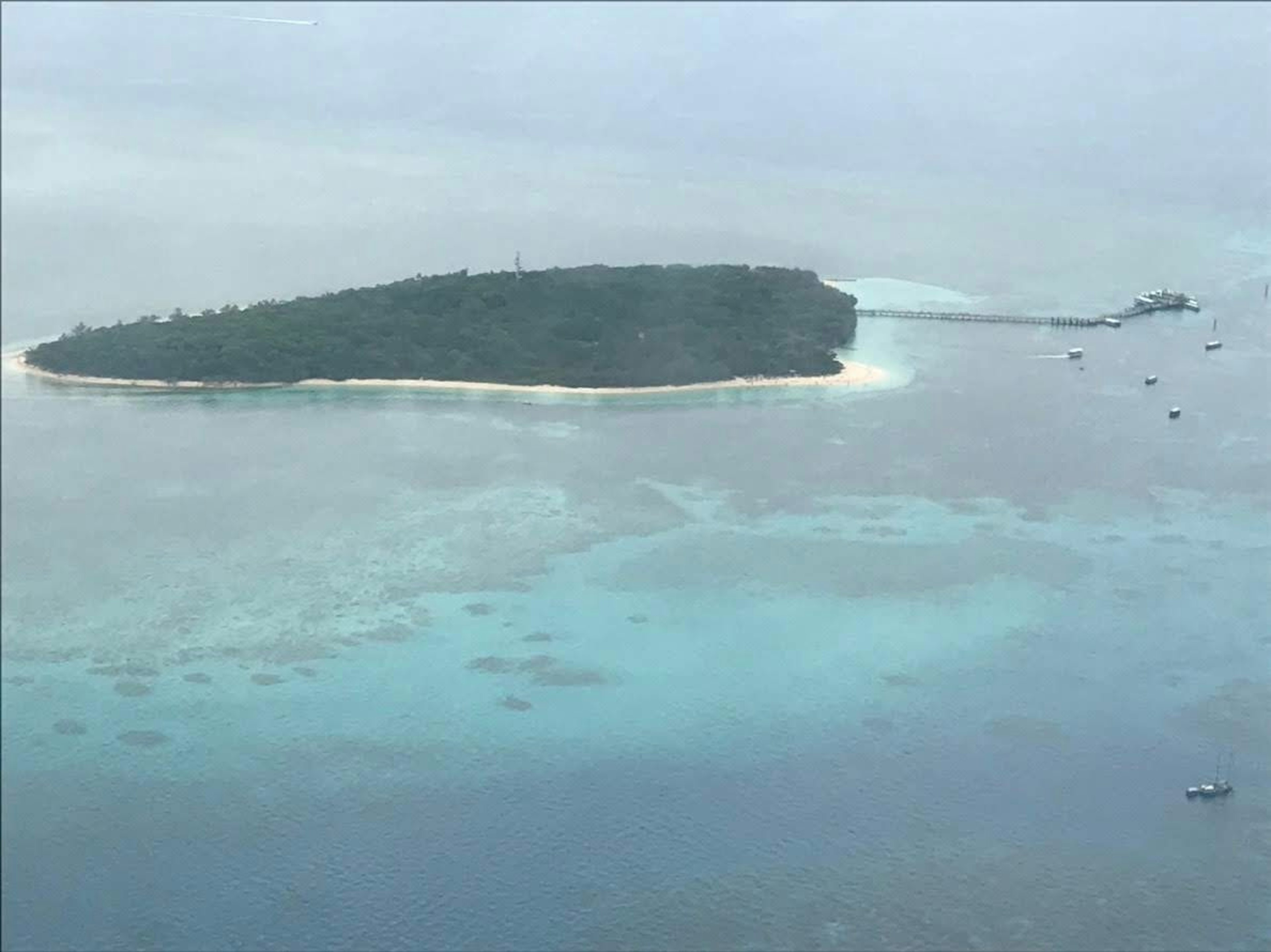 Vista aérea de una pequeña isla con vegetación exuberante y playa de arena blanca rodeada de aguas turquesas