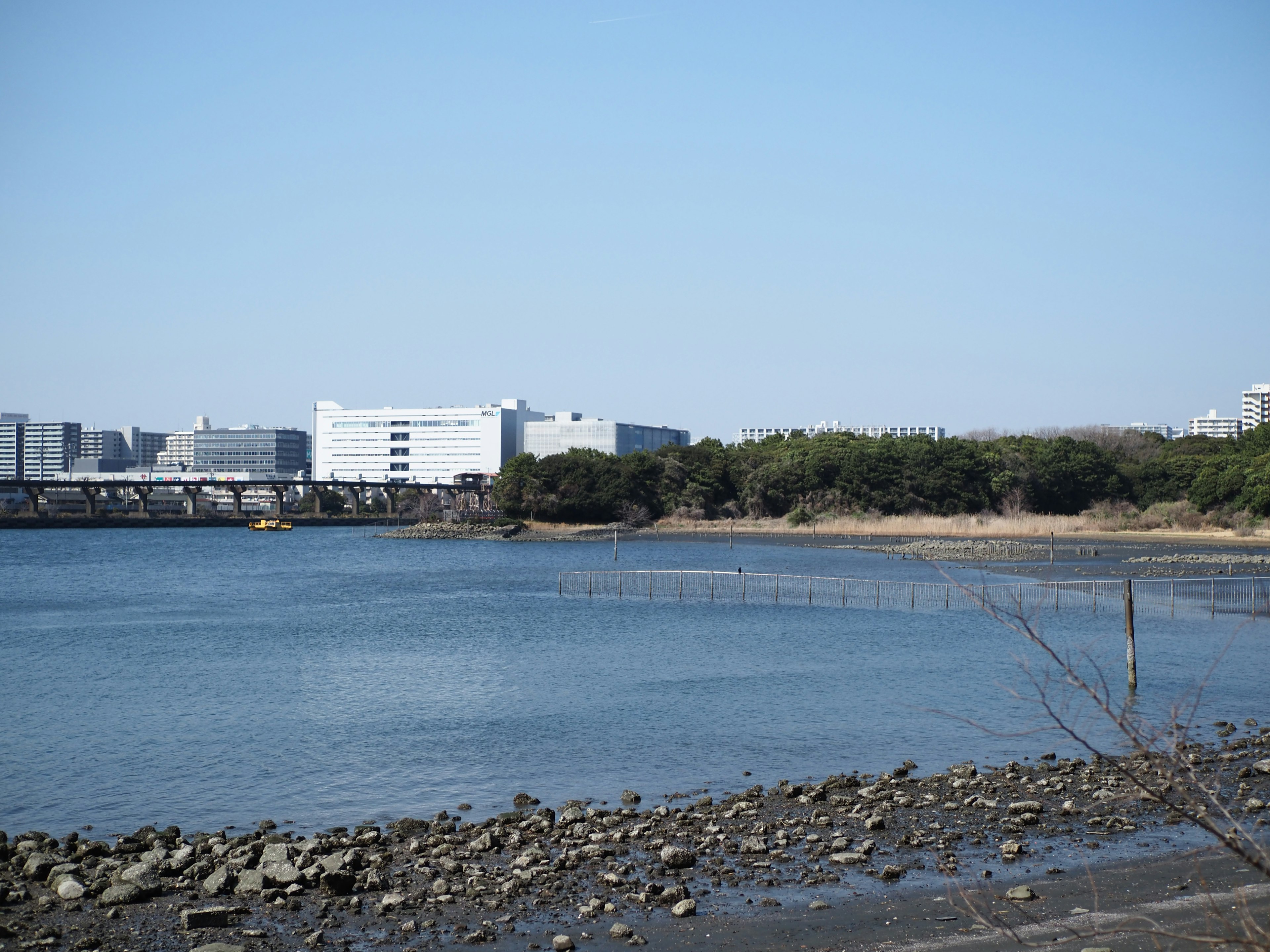 海岸沿いの風景に広がる静かな水面と青空