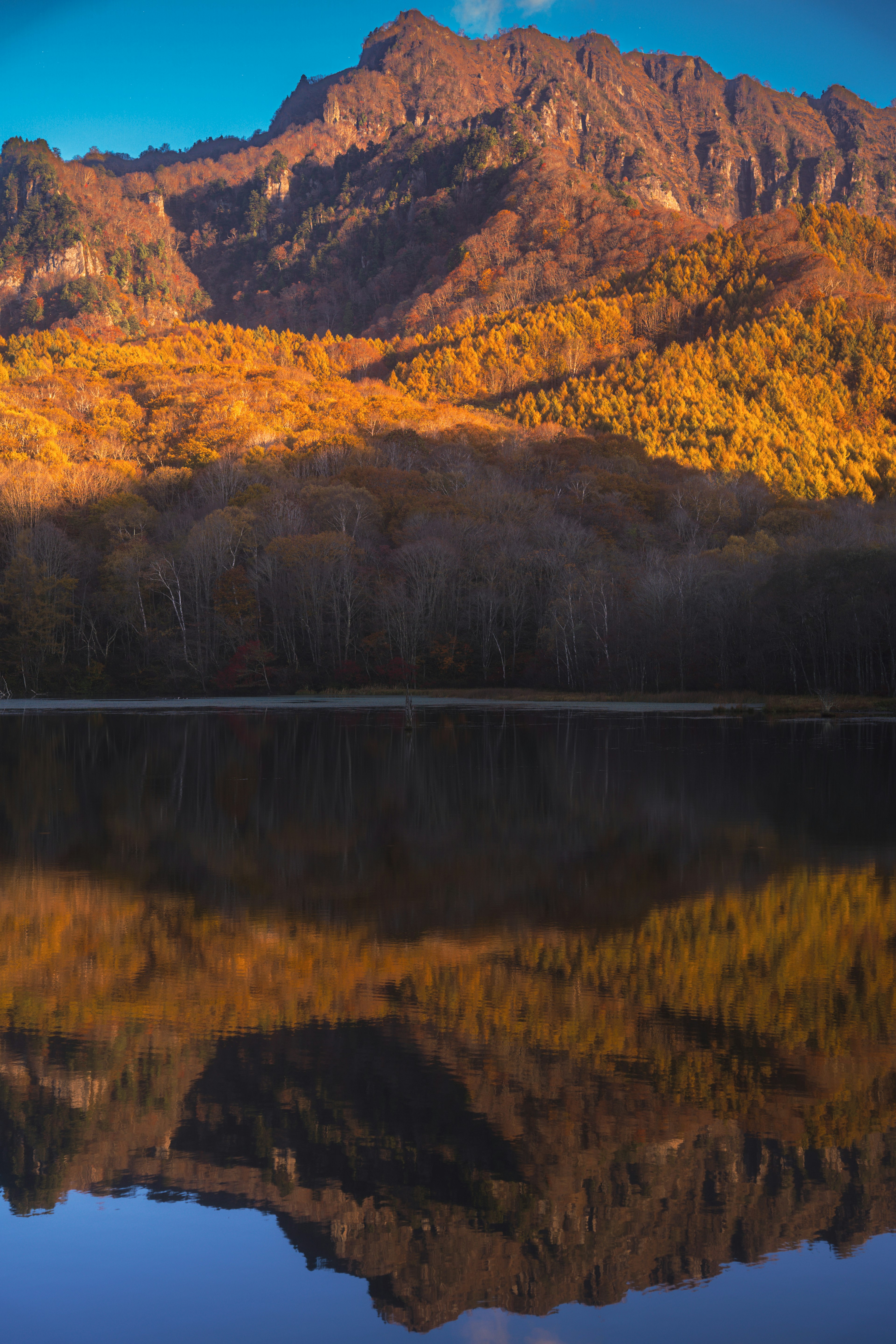 Vista panoramica di montagne dai colori autunnali riflesse in un lago tranquillo