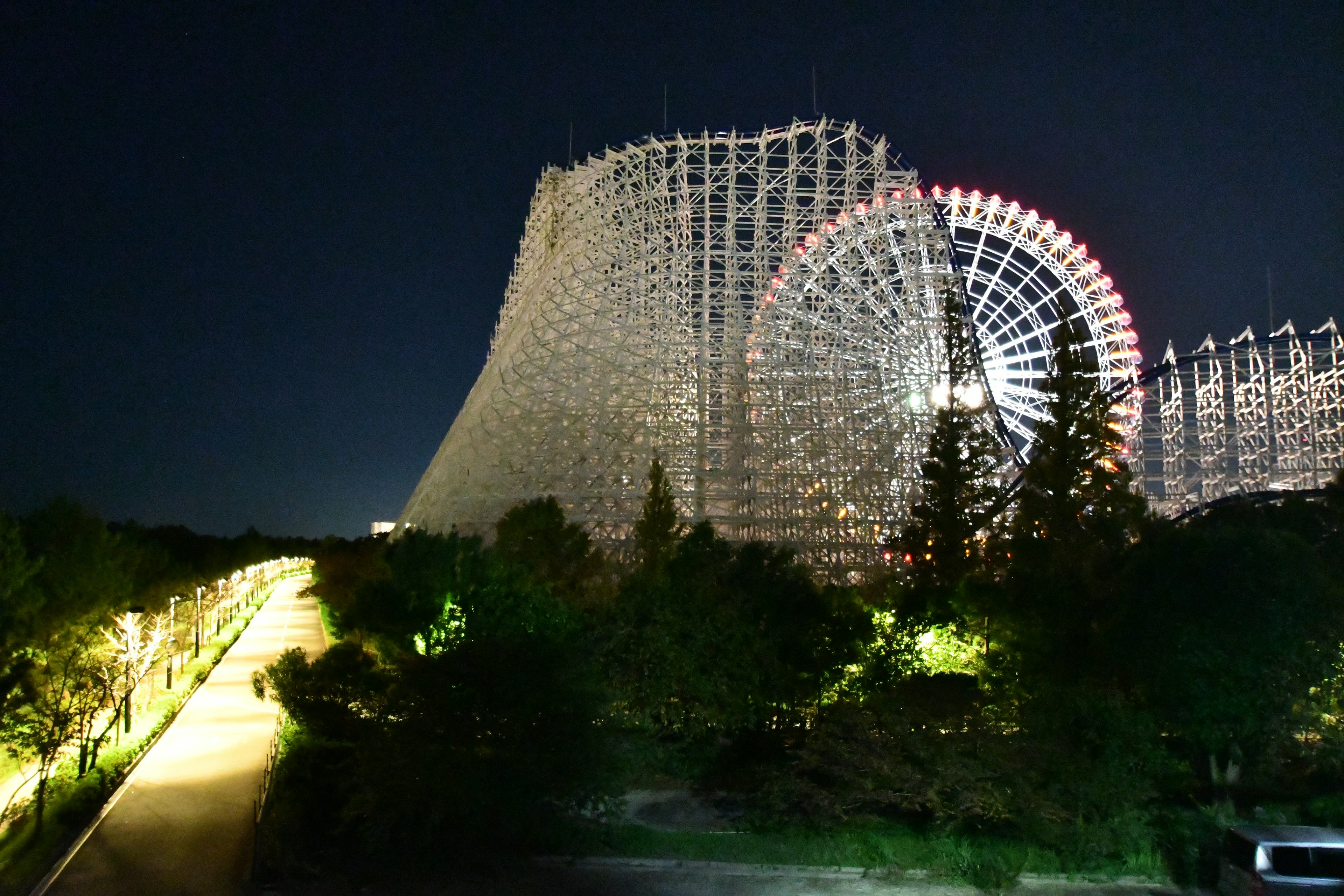 Vue nocturne d'un grand huit en bois et d'une grande roue dans un parc d'attractions