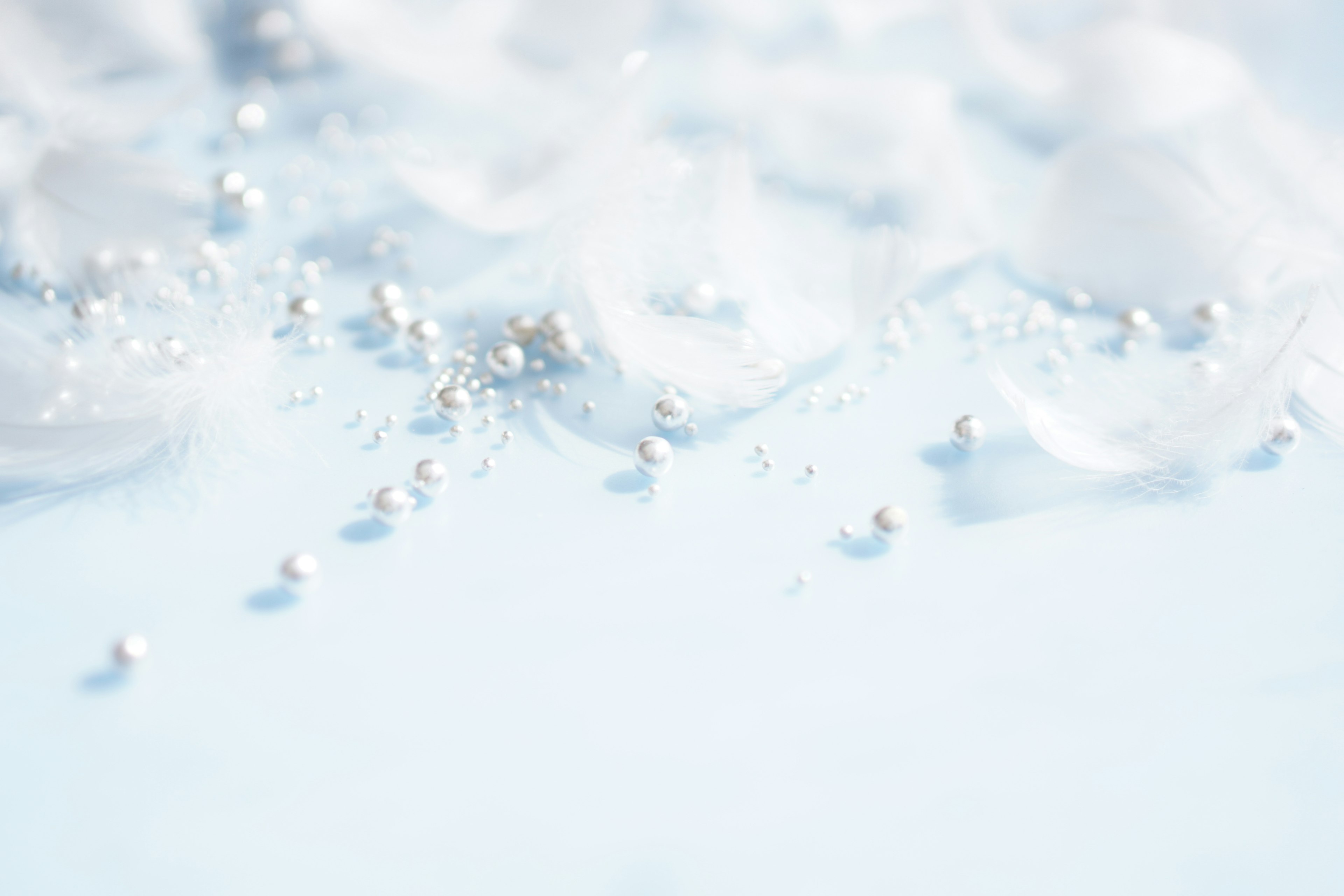 Delicate white petals and small silver beads scattered on a soft blue background