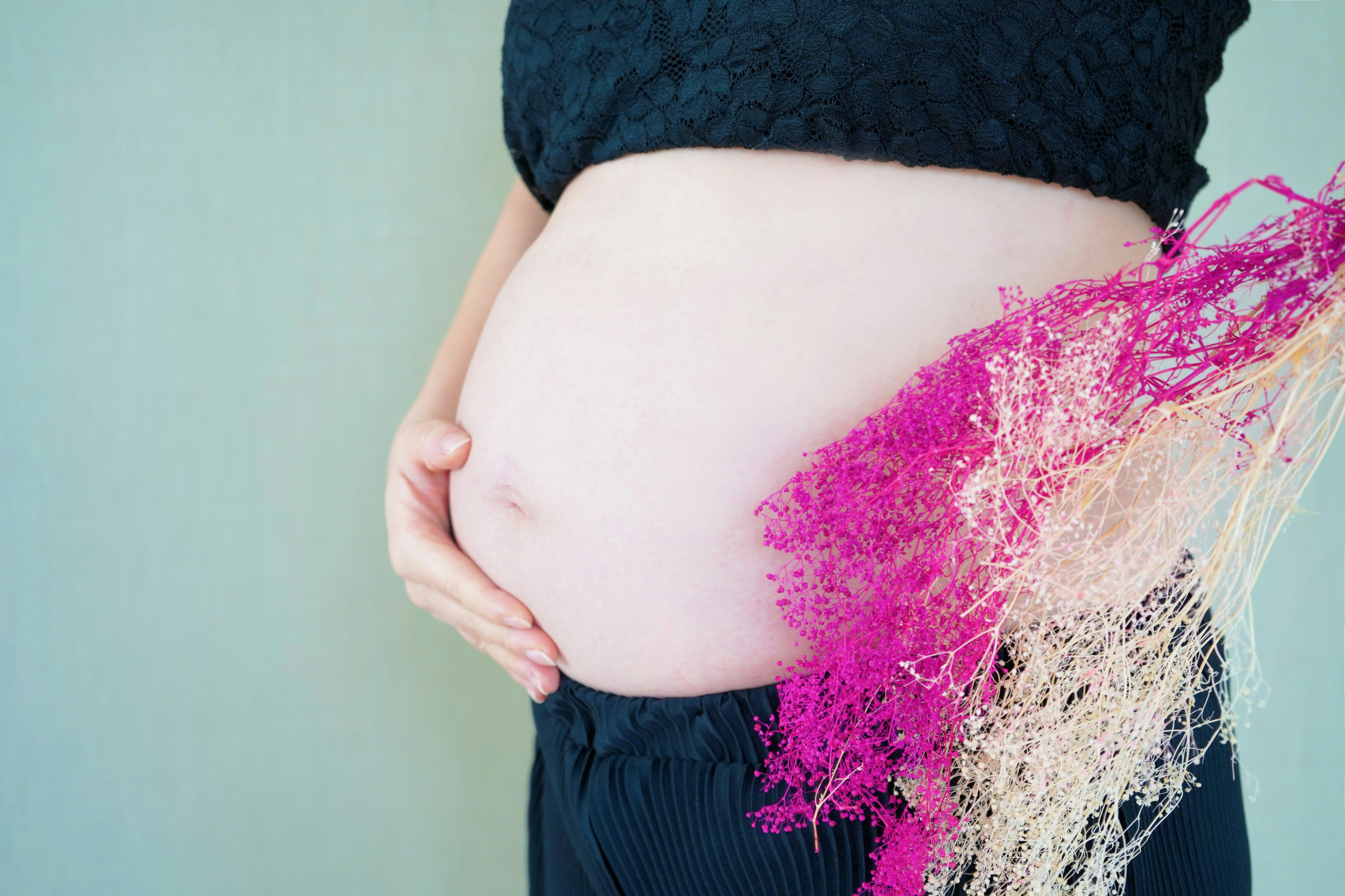 Pancia di una donna incinta adornata con piante colorate