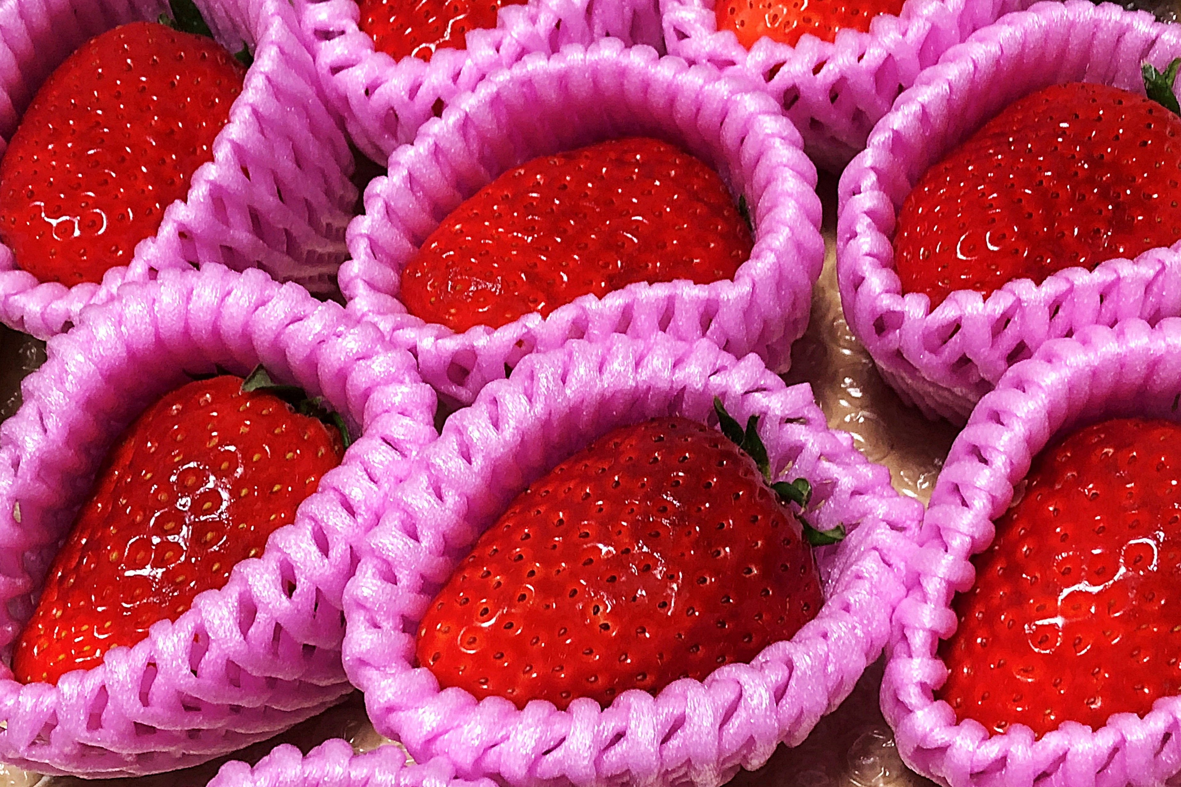 Primer plano de fresas frescas en copas rosas