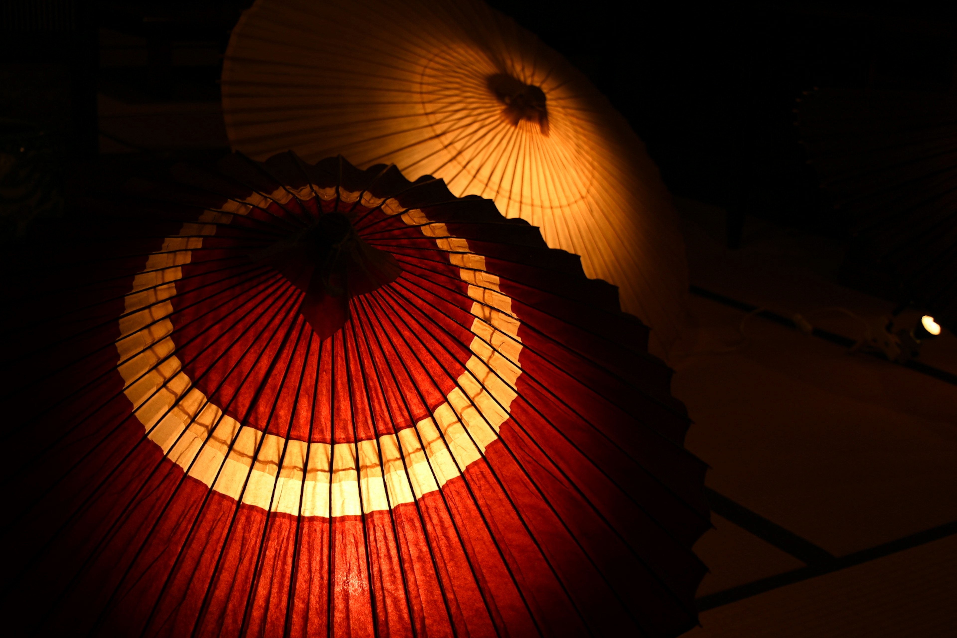 Red and white Japanese lanterns illuminated against a dark background