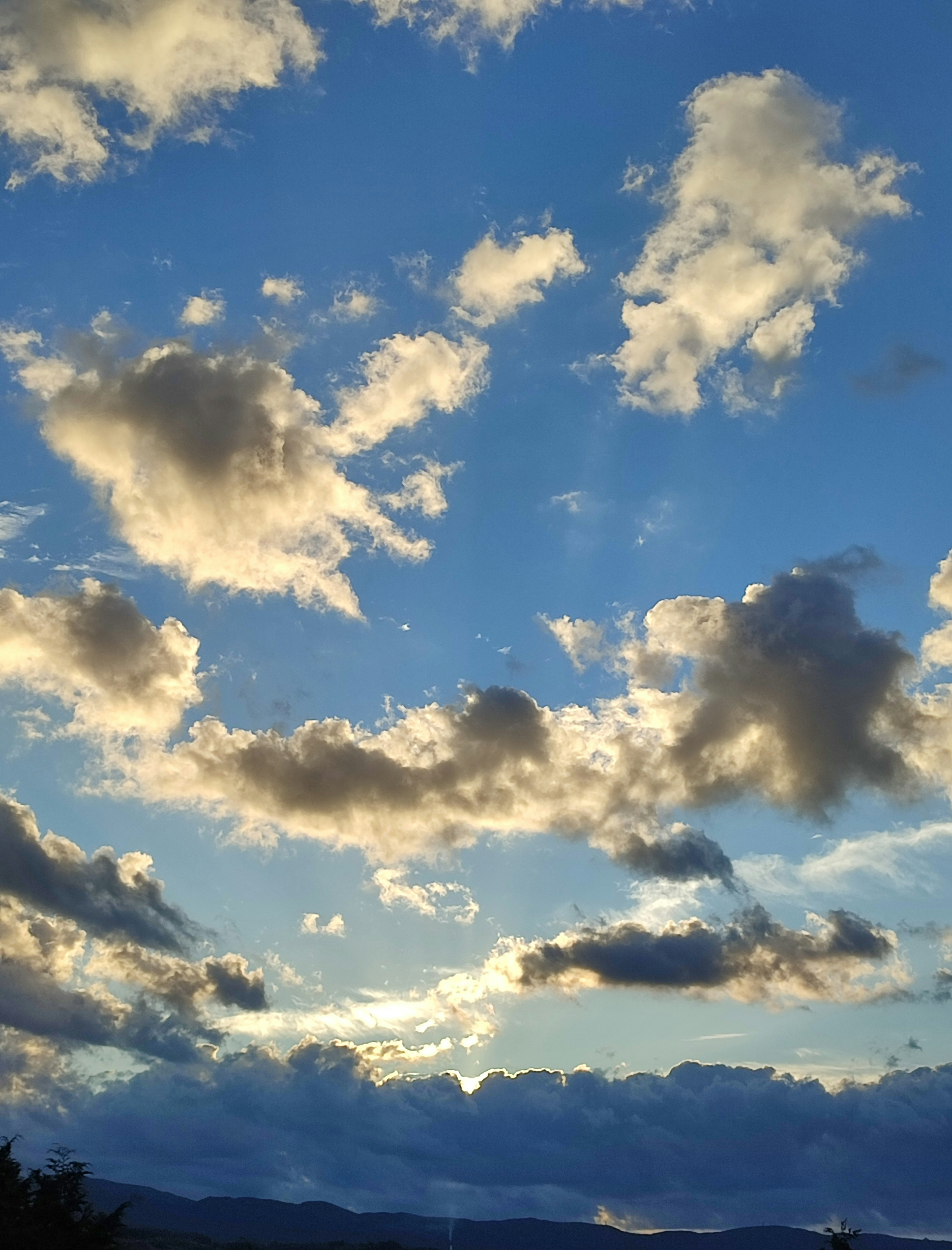 Fluffy clouds in a blue sky illuminated by sunset