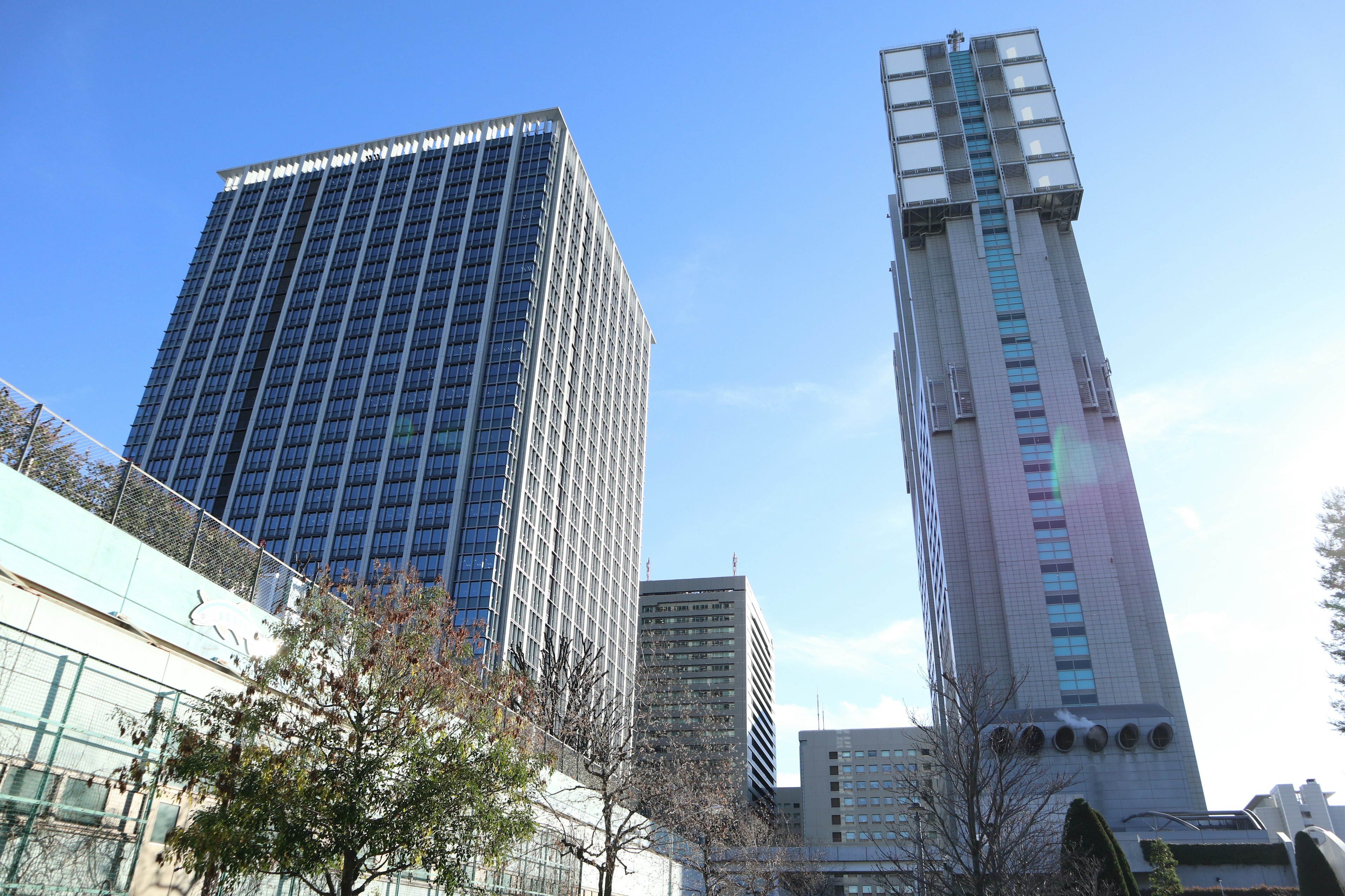 Cityscape featuring tall buildings and clear blue sky