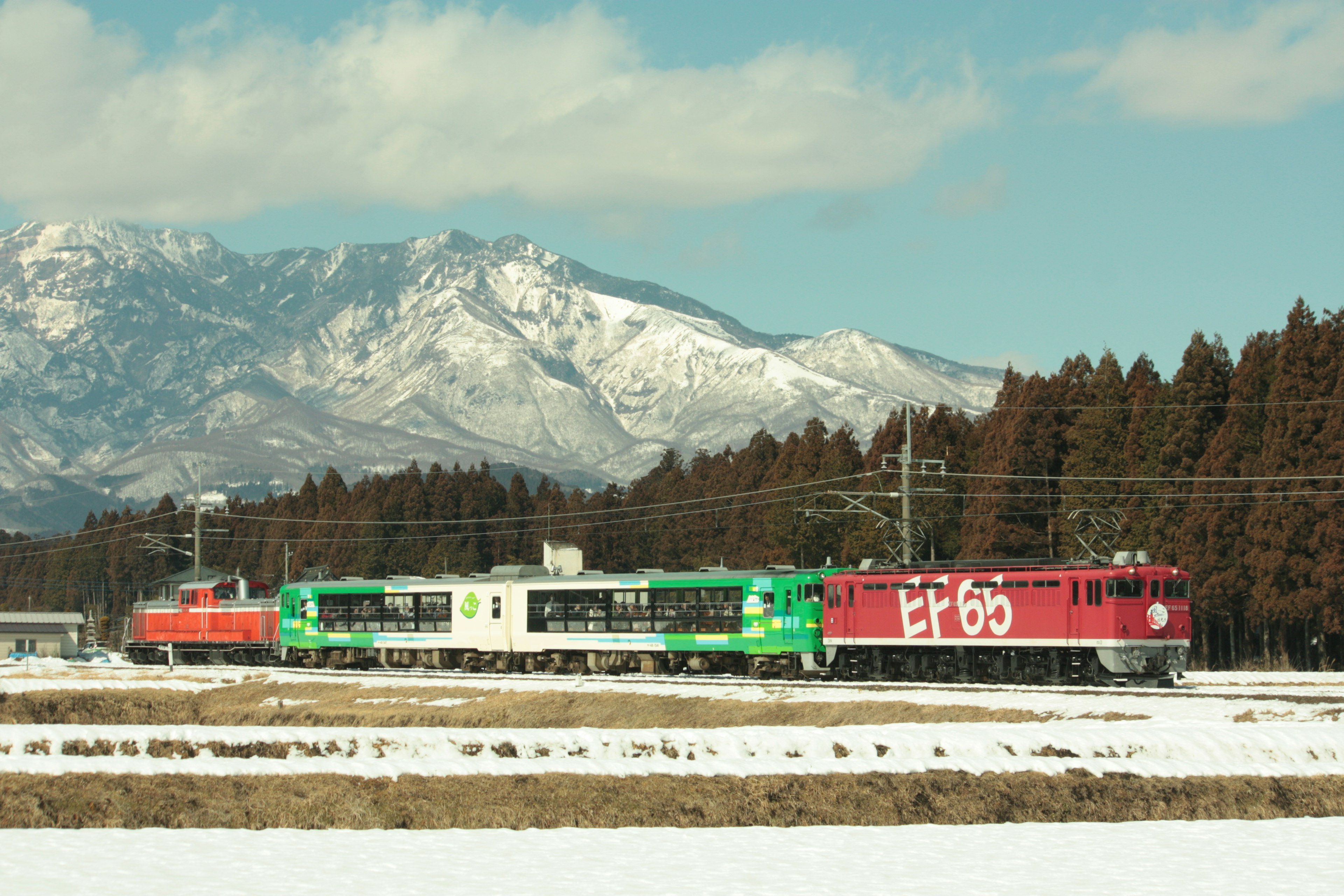 雪に覆われた風景に沿って走るカラフルな列車と美しい山々