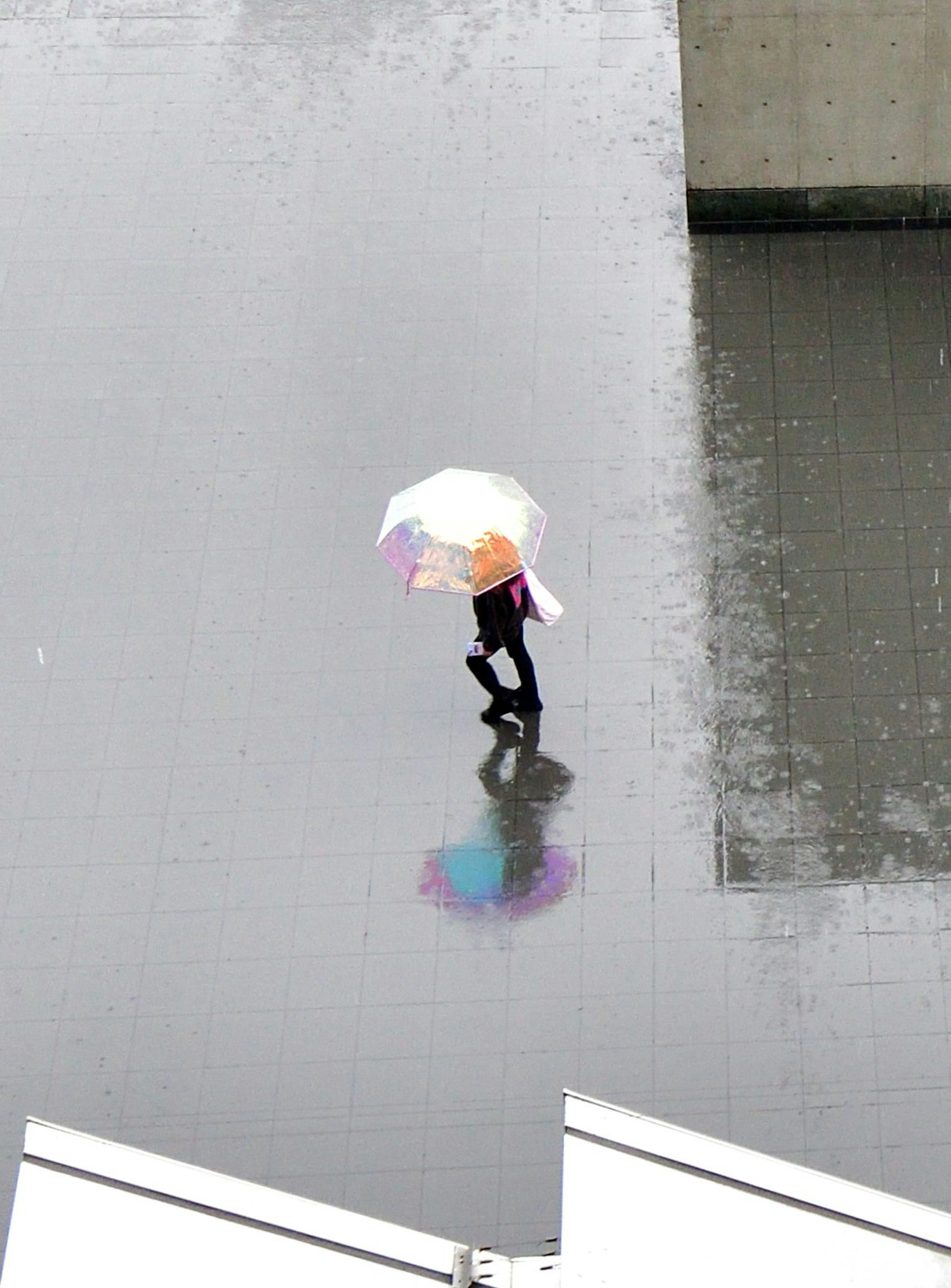 Una persona caminando con un paraguas reflejada en un charco bajo la lluvia