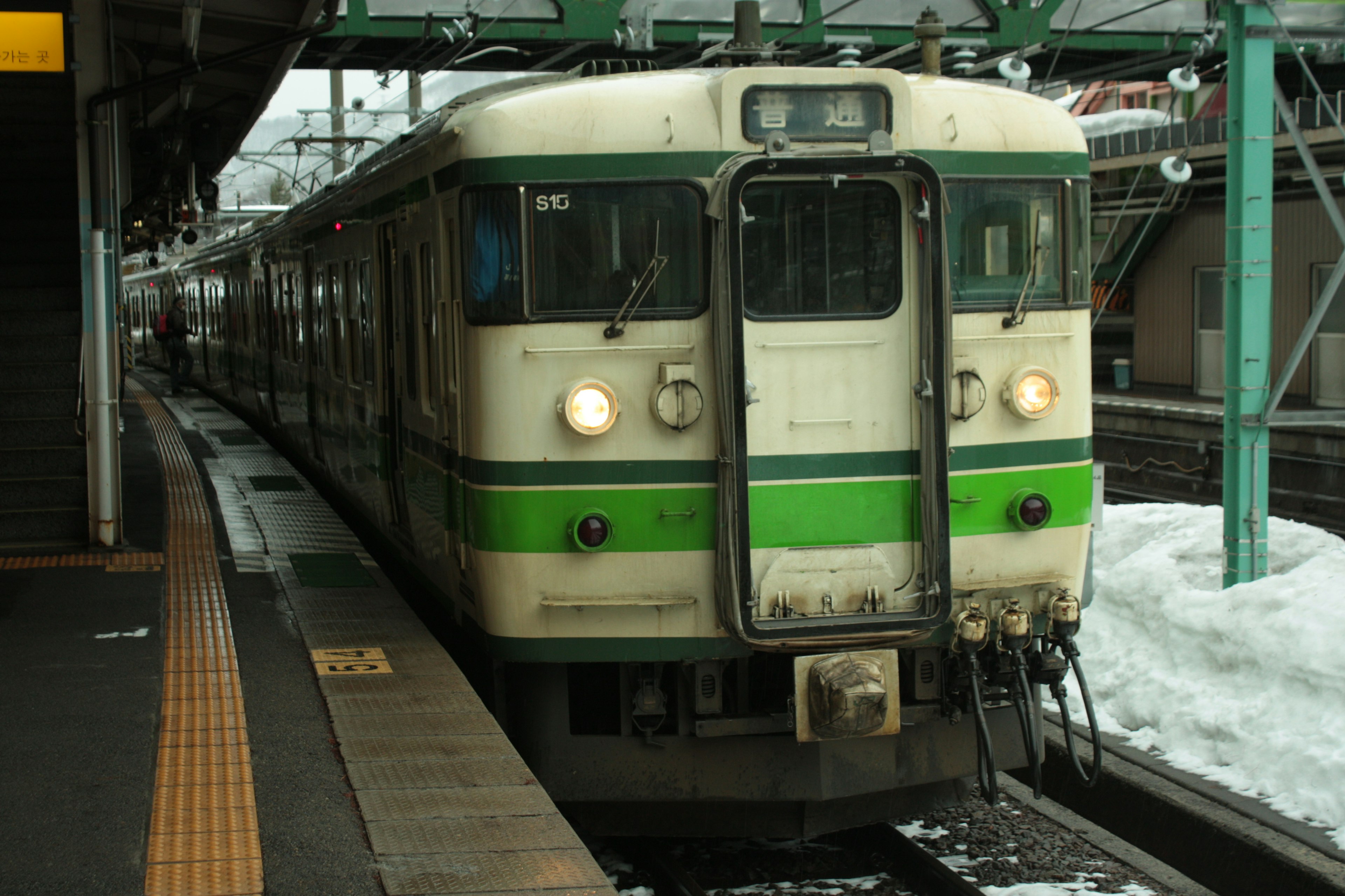 Treno con livrea verde e bianca fermo in una stazione innevata