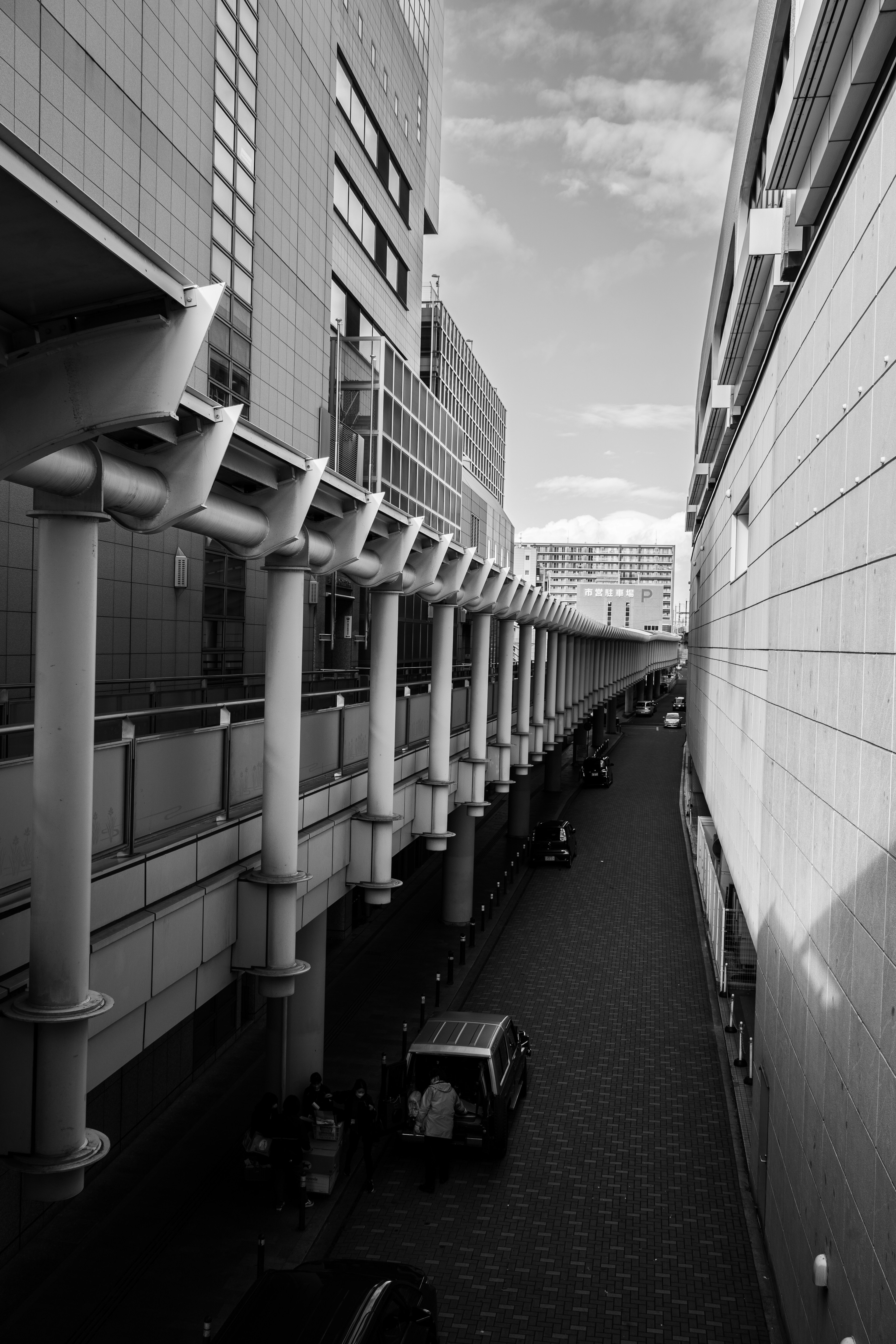 Vista en blanco y negro de una calle de la ciudad con edificios y columnas