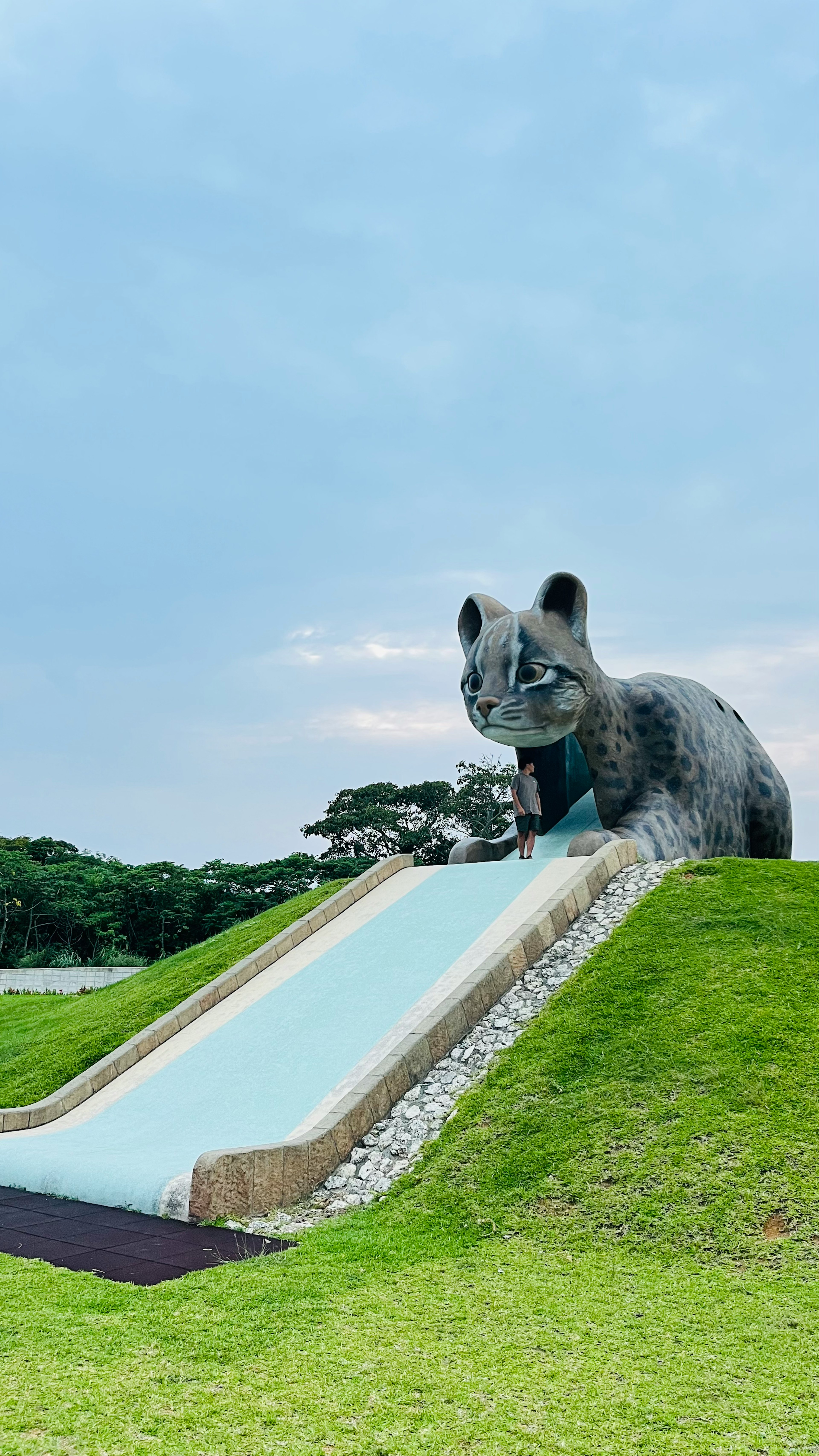 Large animal slide with green grass landscape